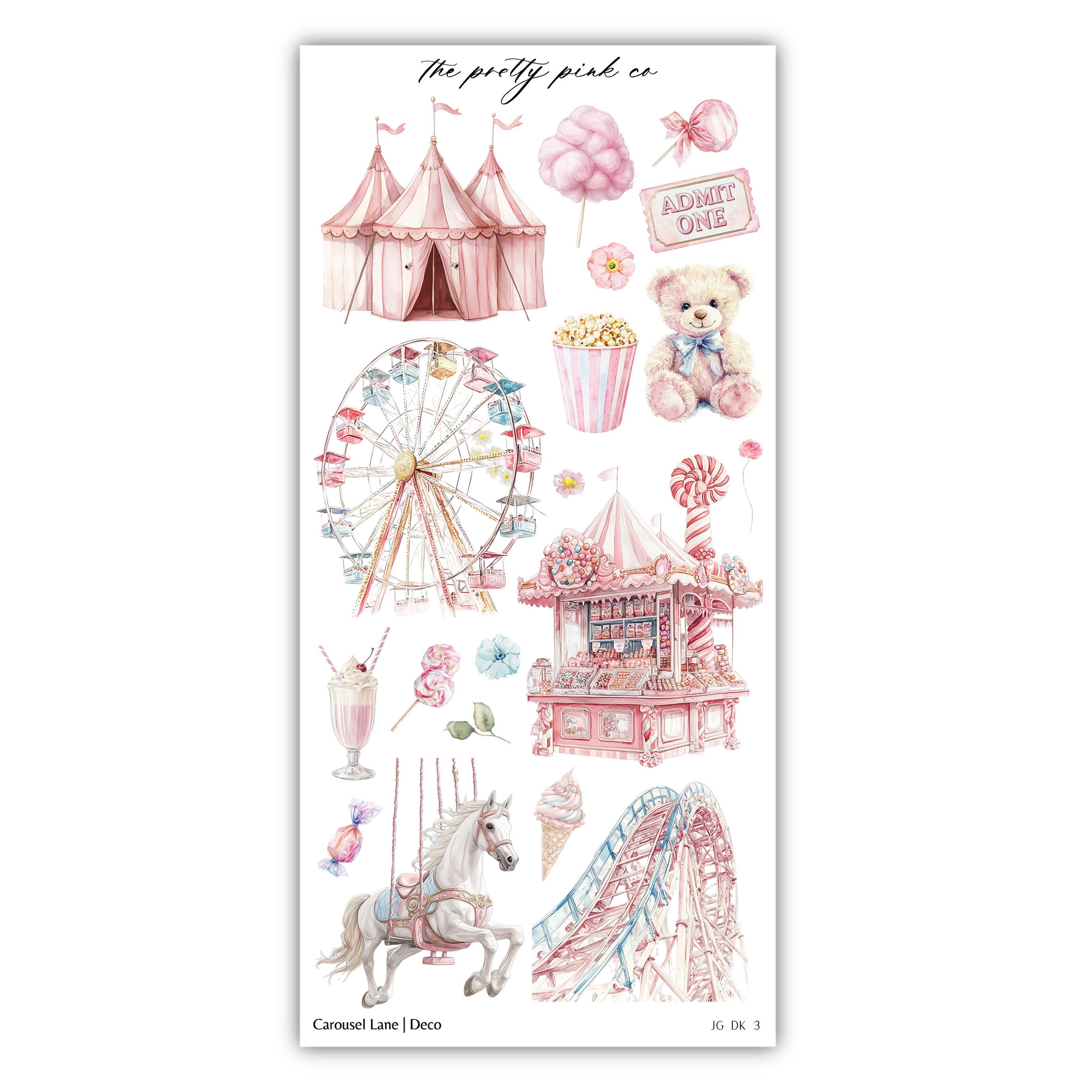 a sticker sheet with a carousel, ferris wheel, and other items