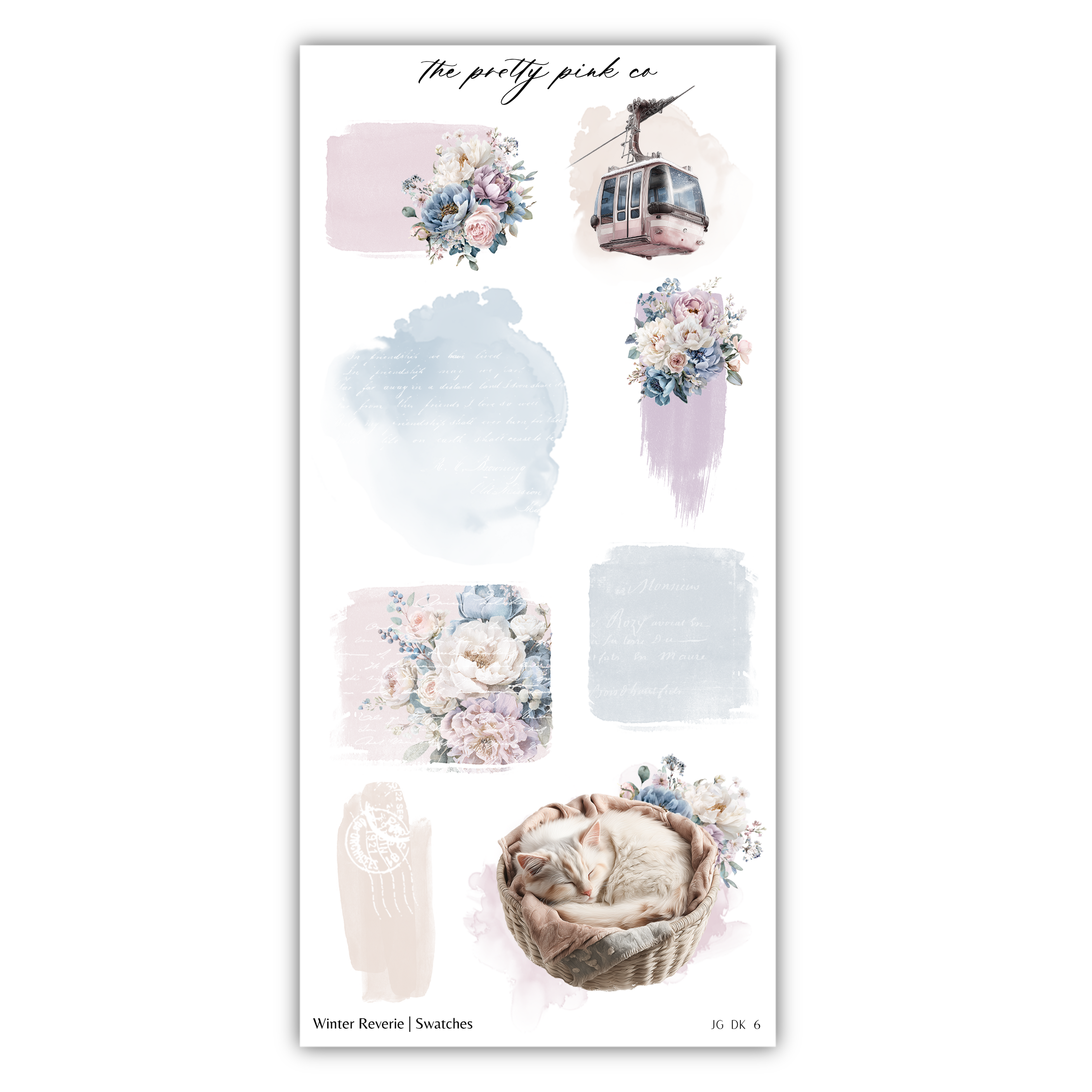 various floral and winter-themed elements, including a train, a cat in a basket, and a watercolor painting. The image is a collage of different pictures, and it does not contain any text.