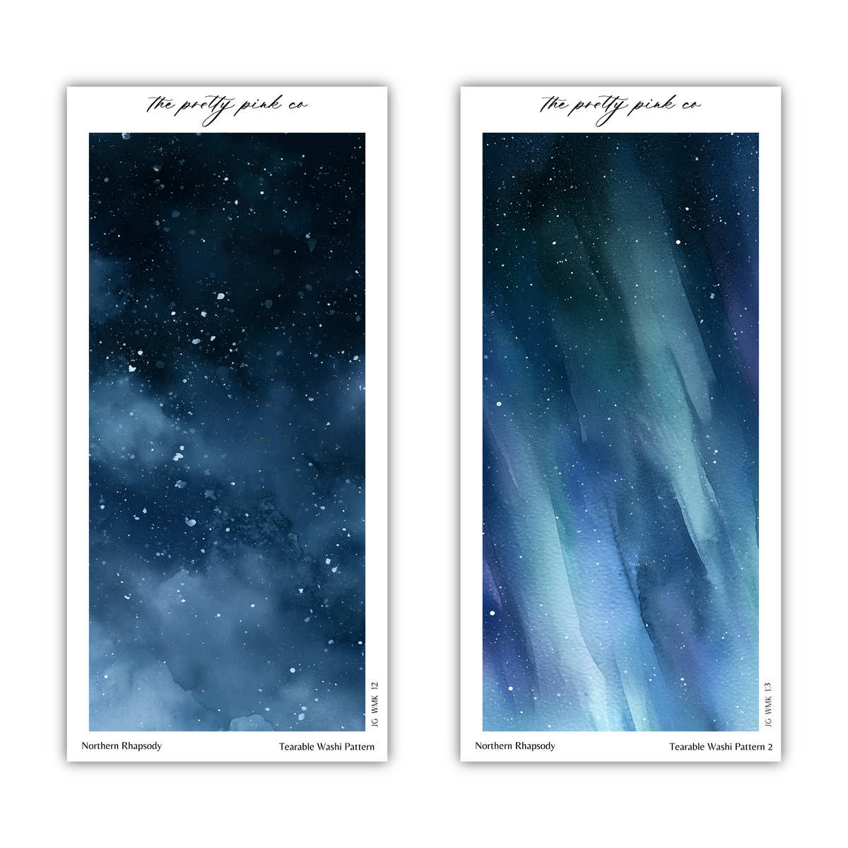 two different watercolor paintings of a night sky. The left painting depicts a dark blue night sky with scattered white stars, while the right painting shows a lighter blue night sky with streaks of purple and blue. The paintings are titled "The pretty pink co" and "Northern Rhapsody" respectively.