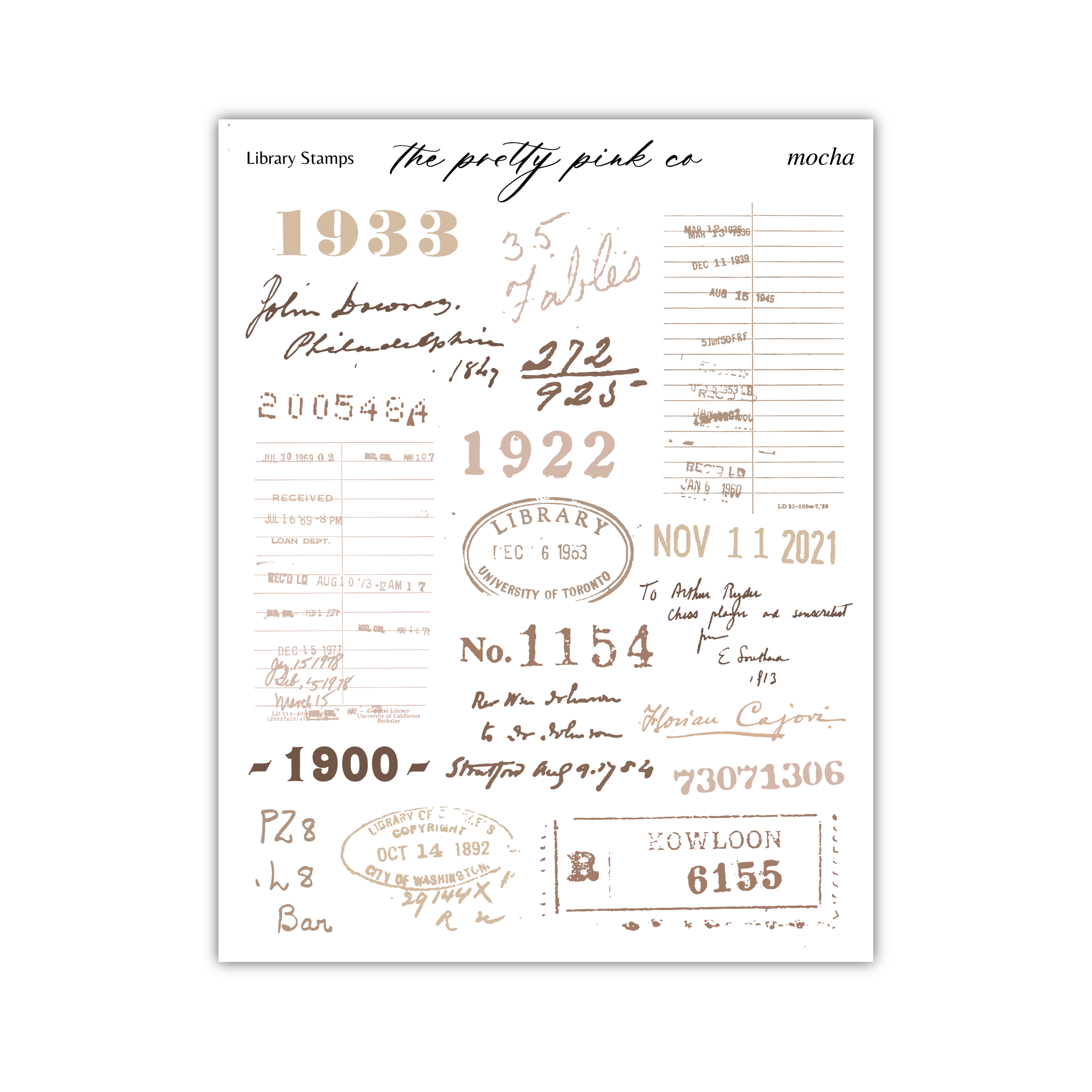 various library-related stamps and labels, including a 1933 library stamp, a library card from the year 1920, and a library card from the year 1920. The stamps and labels appear to be vintage and have a sepia-toned appearance.