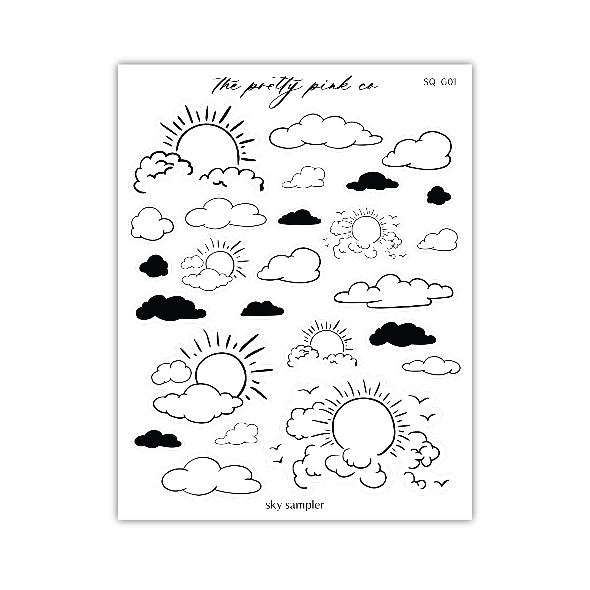 a black and white drawing of clouds and sun