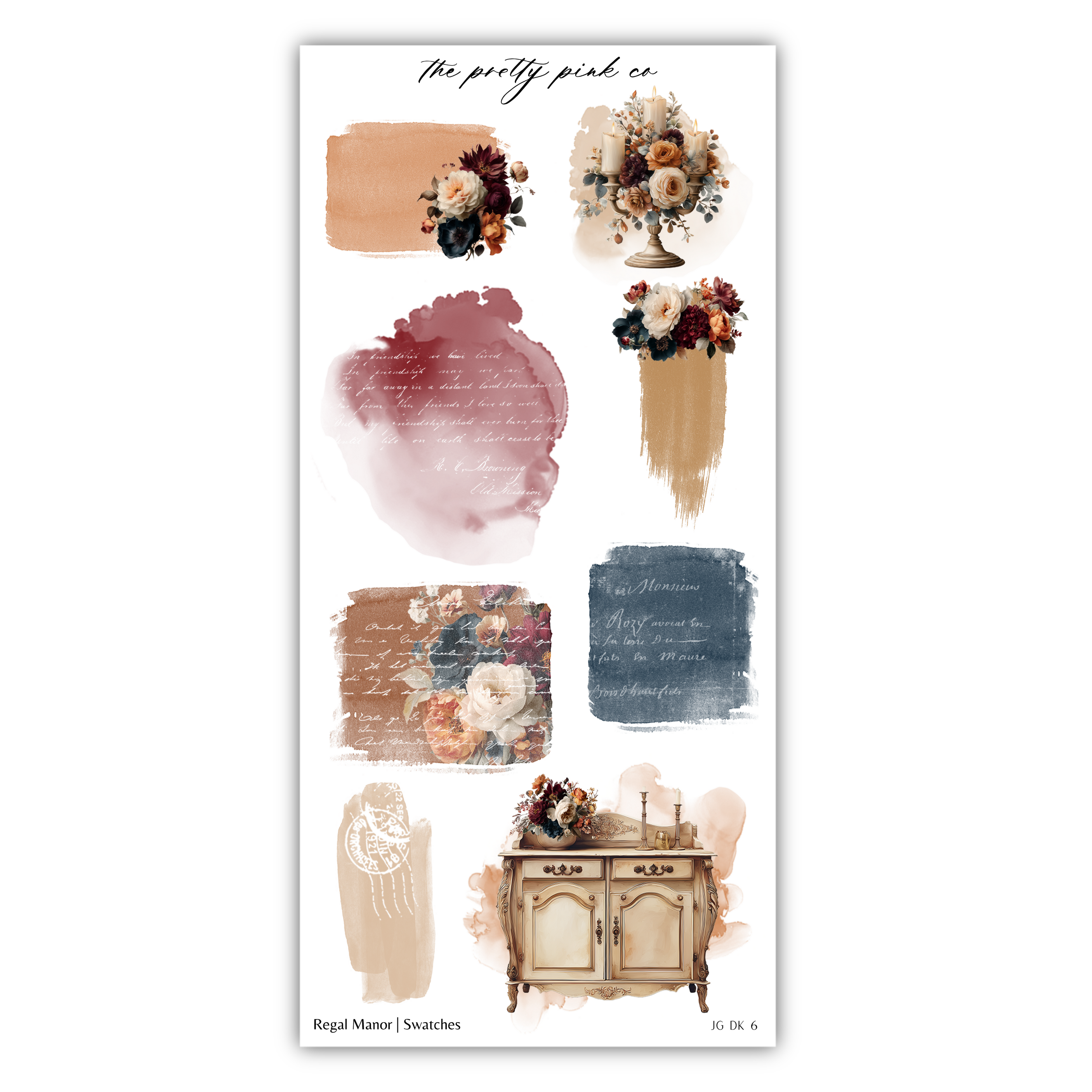 various floral and decorative elements, including a vase with flowers, a cabinet, and other decorative items. The image is a collage of different elements, and there are no specific phrases or descriptions provided.