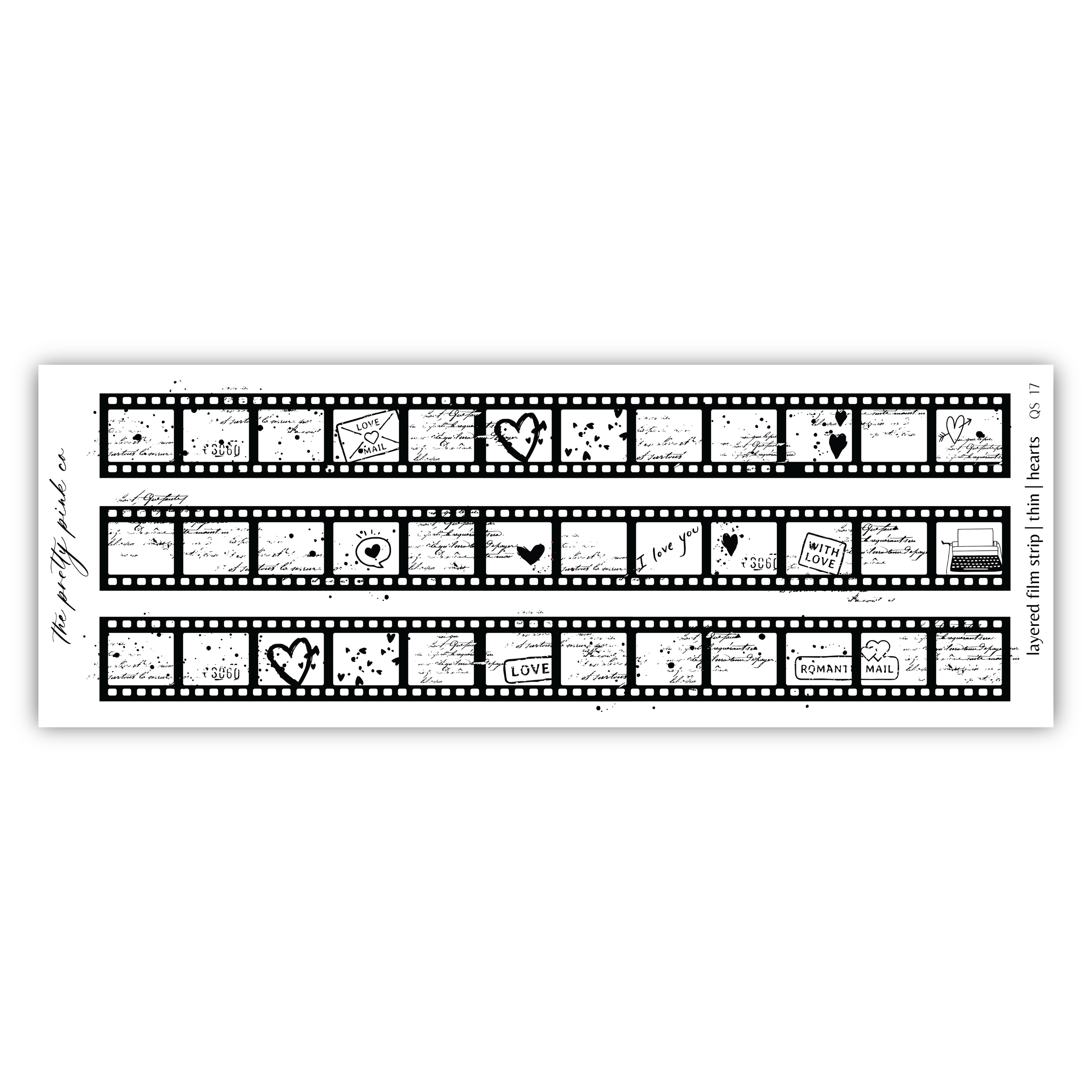 a black and white film strip with hearts