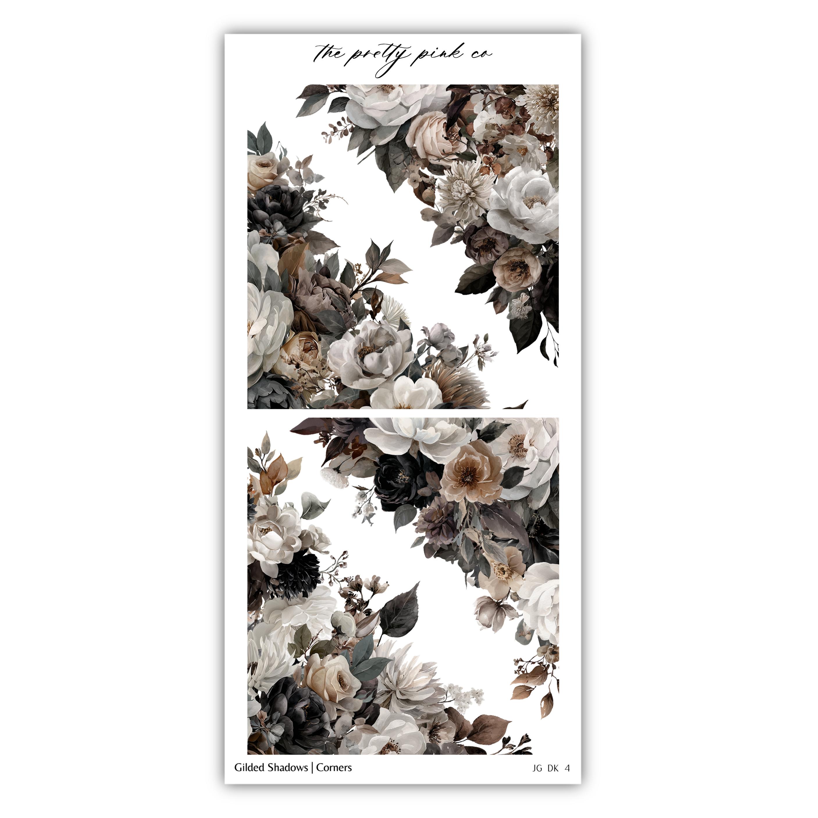 The image is a collage of two floral images, each featuring a variety of flowers in shades of white, brown, and black. The collage is titled "Gilded Shadows (Careers)" and includes the text "The pretty pink co" at the top.