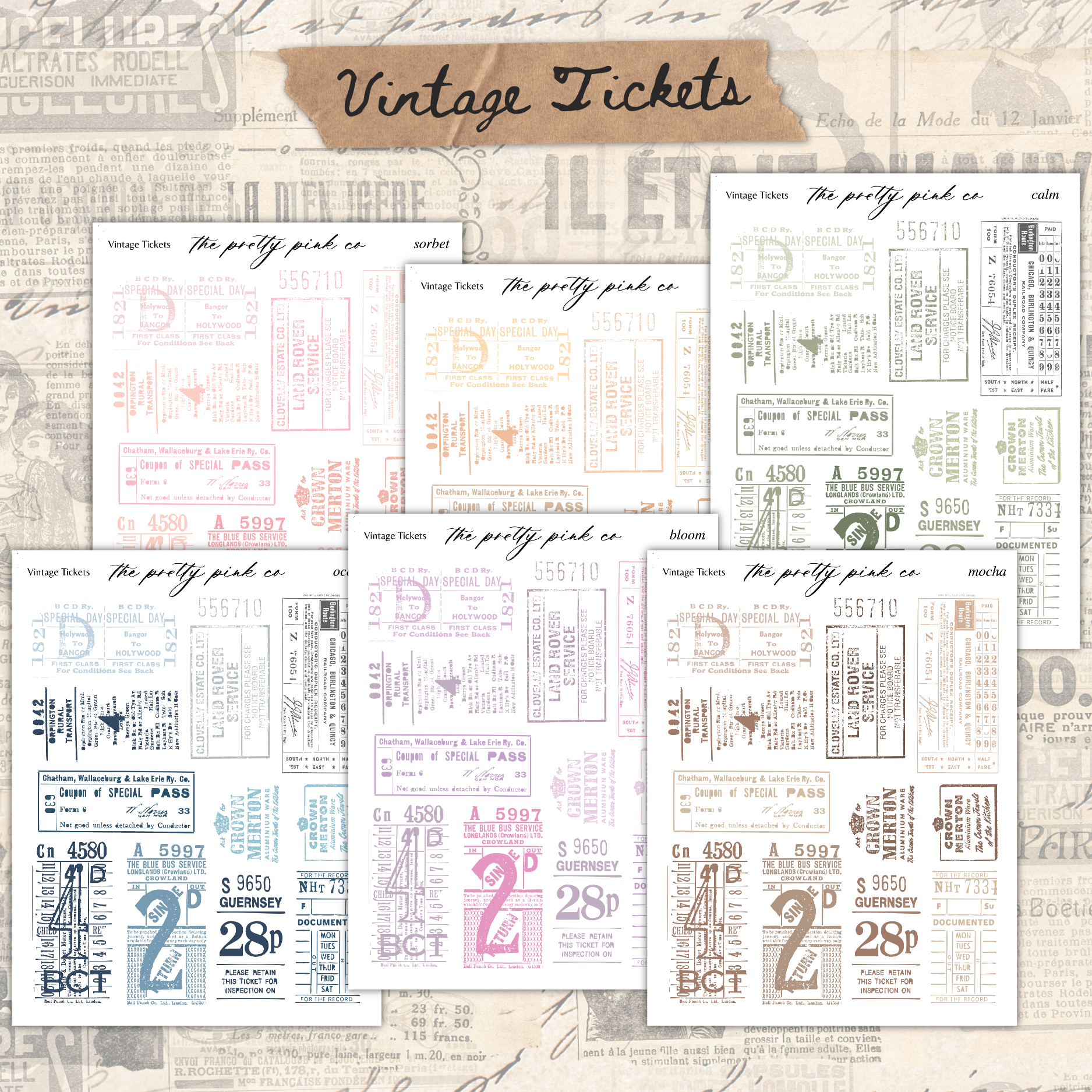 a collection of vintage tickets from the "The pretty pink co." The tickets appear to be printed on various colored backgrounds, with text and numbers indicating prices and information about the tickets.