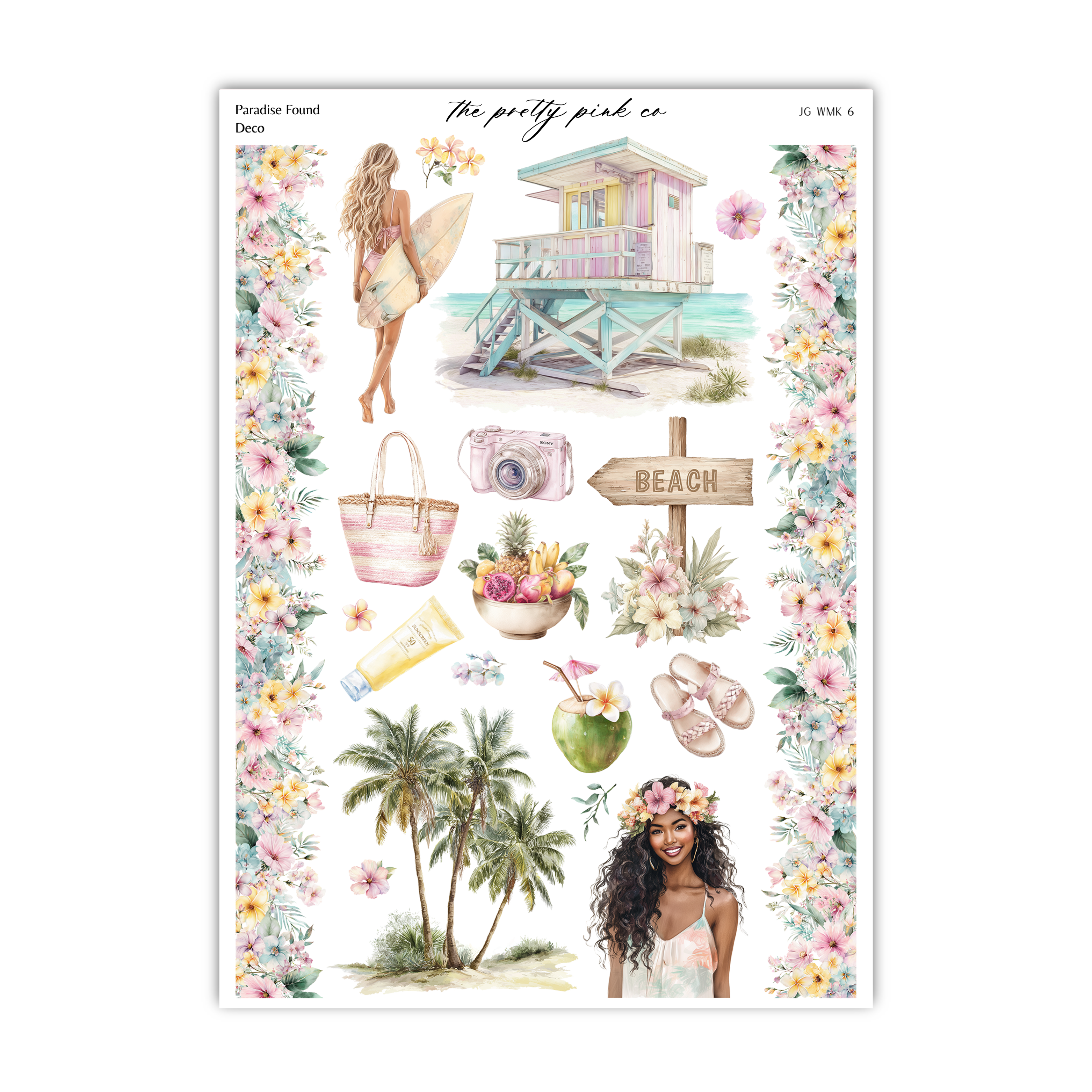 The image is a collage of various beach-themed items and illustrations, including a surfer, a lifeguard tower, a beach sign, a palm tree, a flower arrangement, a beach bag, a camera, a pineapple, a coconut, a woman with a flower crown, and a woman with a flower crown.