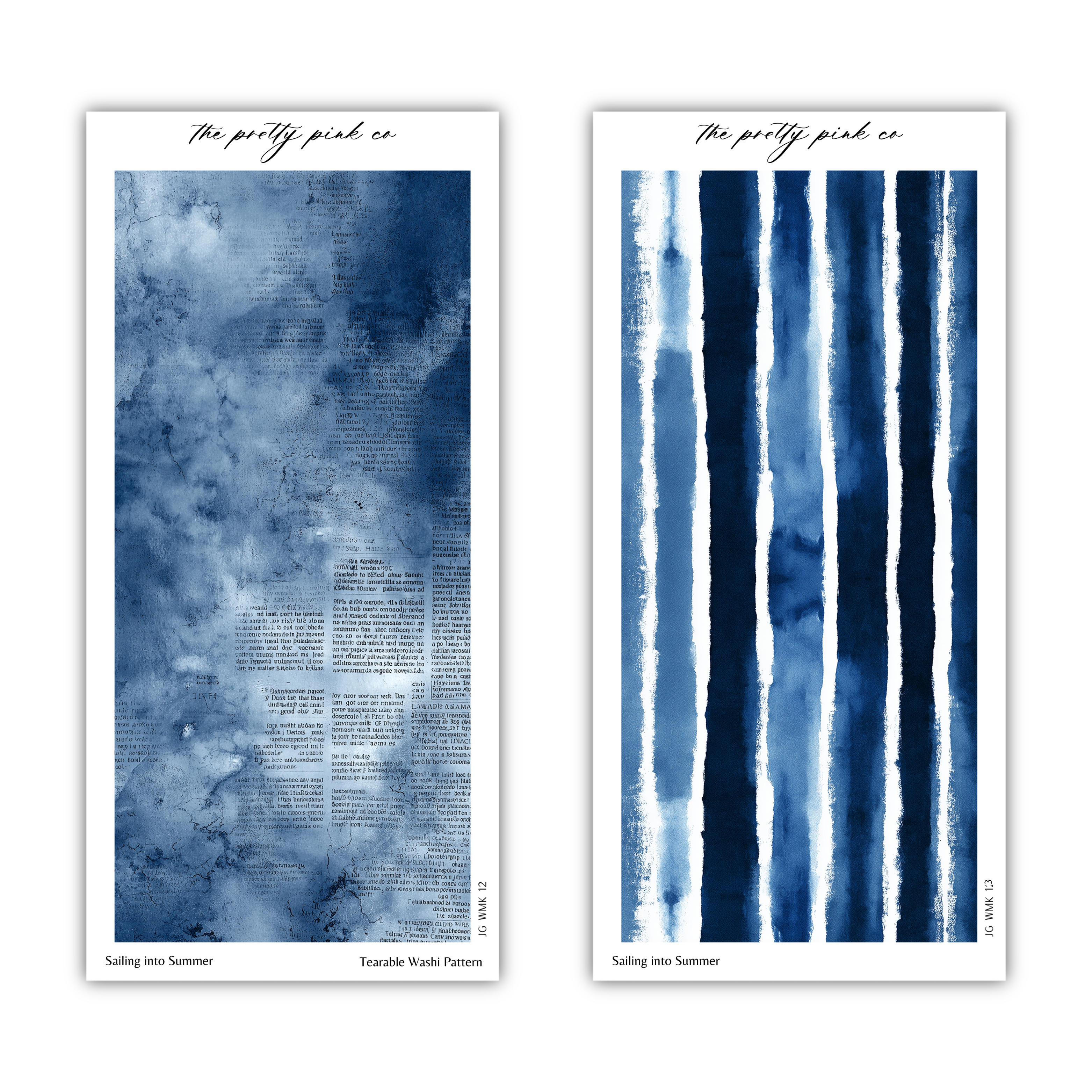 two distinct artworks, each with a different color scheme and pattern. The left artwork is a watercolor painting with a blue and white color palette, while the right artwork is a print with a blue and white striped pattern. Both artworks are titled "The pretty pink co" and are described as "Sailing into Summer" and "Terrable Wash Pattern".