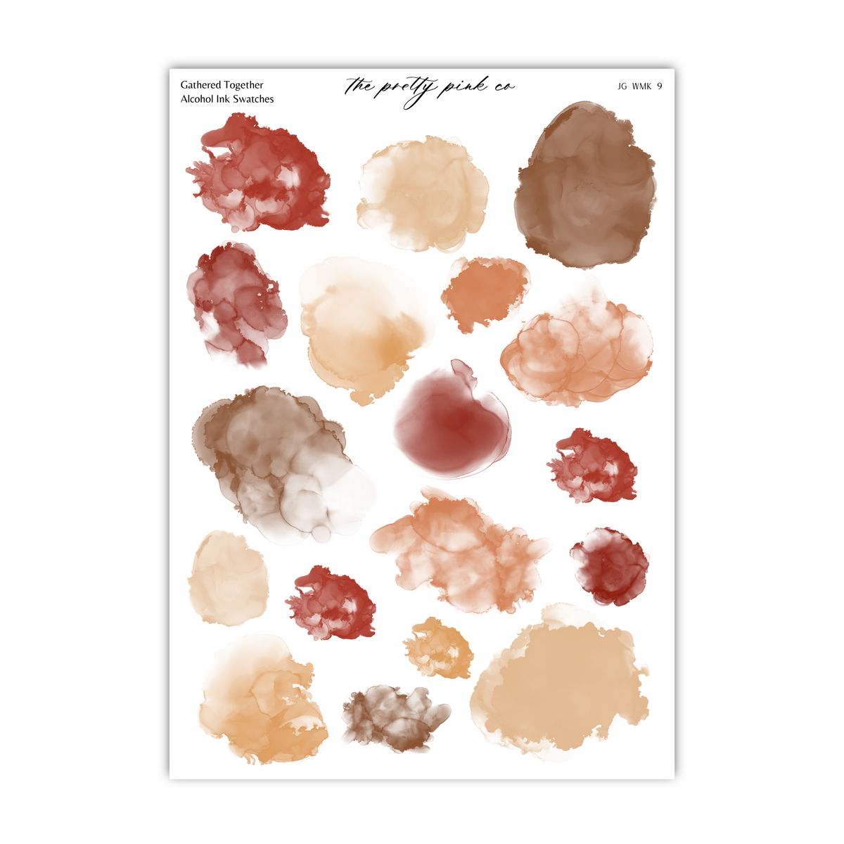 a collection of abstract watercolor-style splatters in various shades of brown, beige, and red, arranged in a grid-like pattern.