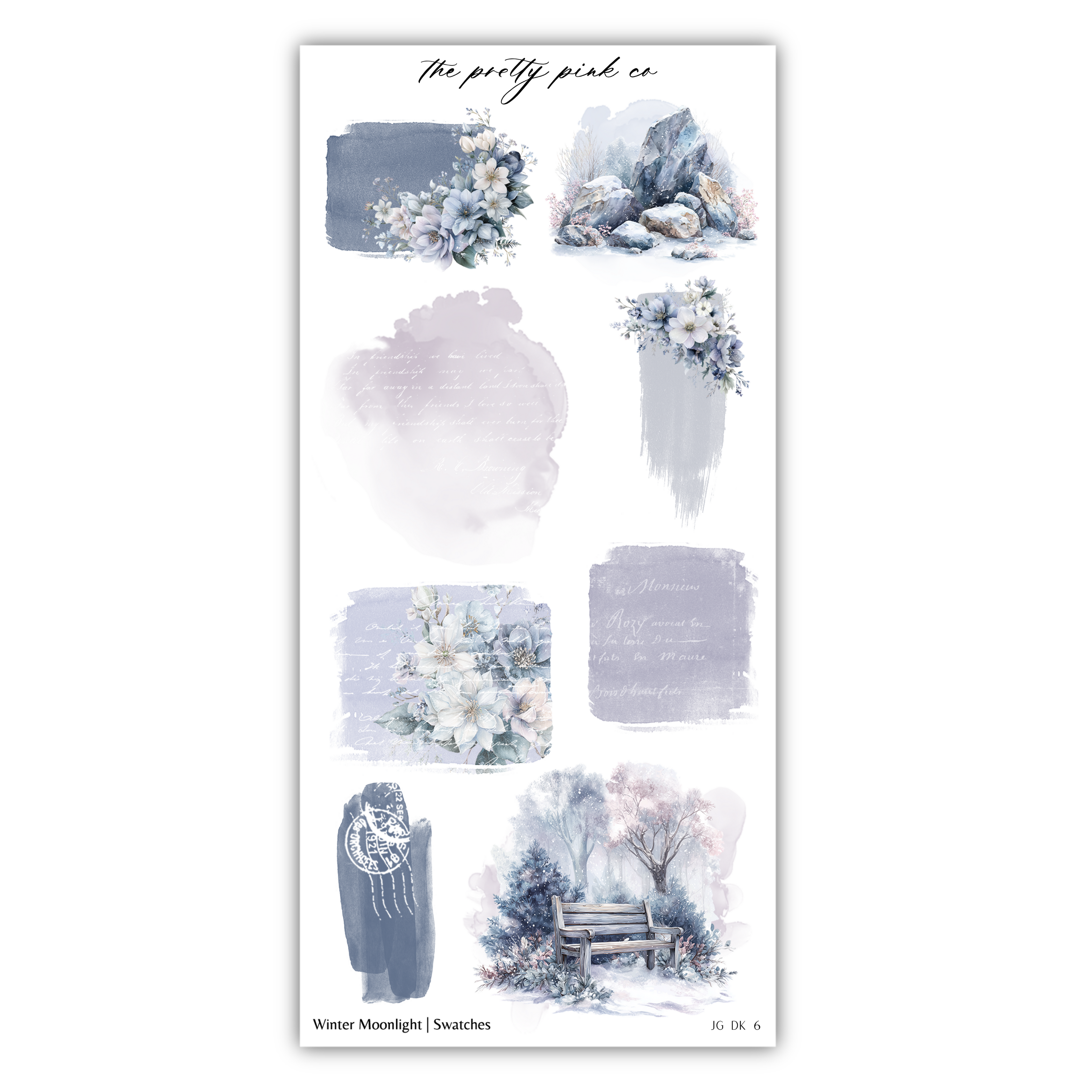 a collection of watercolor-style illustrations depicting various winter-themed scenes, including flowers, snow, and a bench.