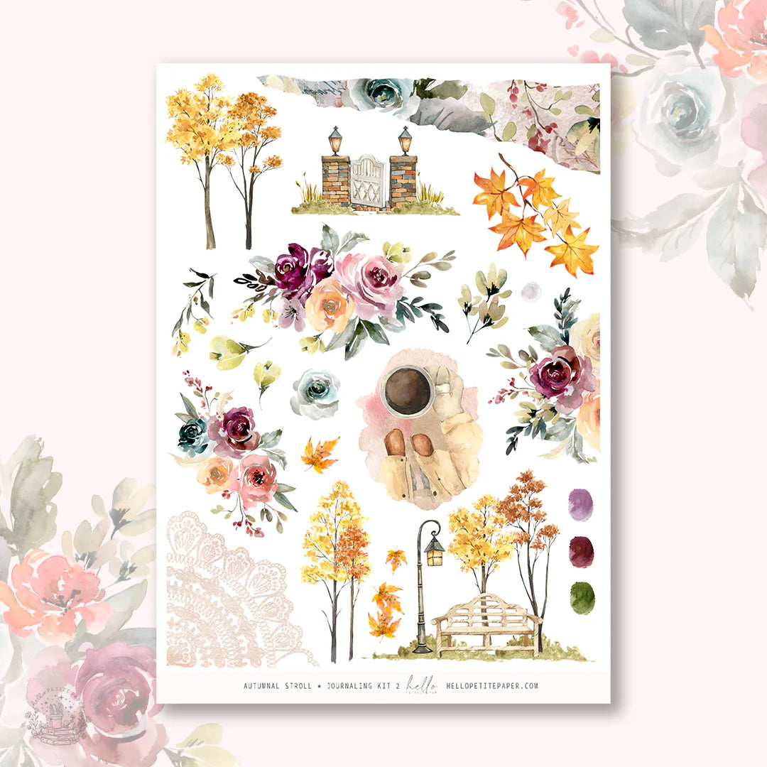 The image is a collage of various floral and autumnal elements, including trees, flowers, leaves, and a bench, all set against a pink background.