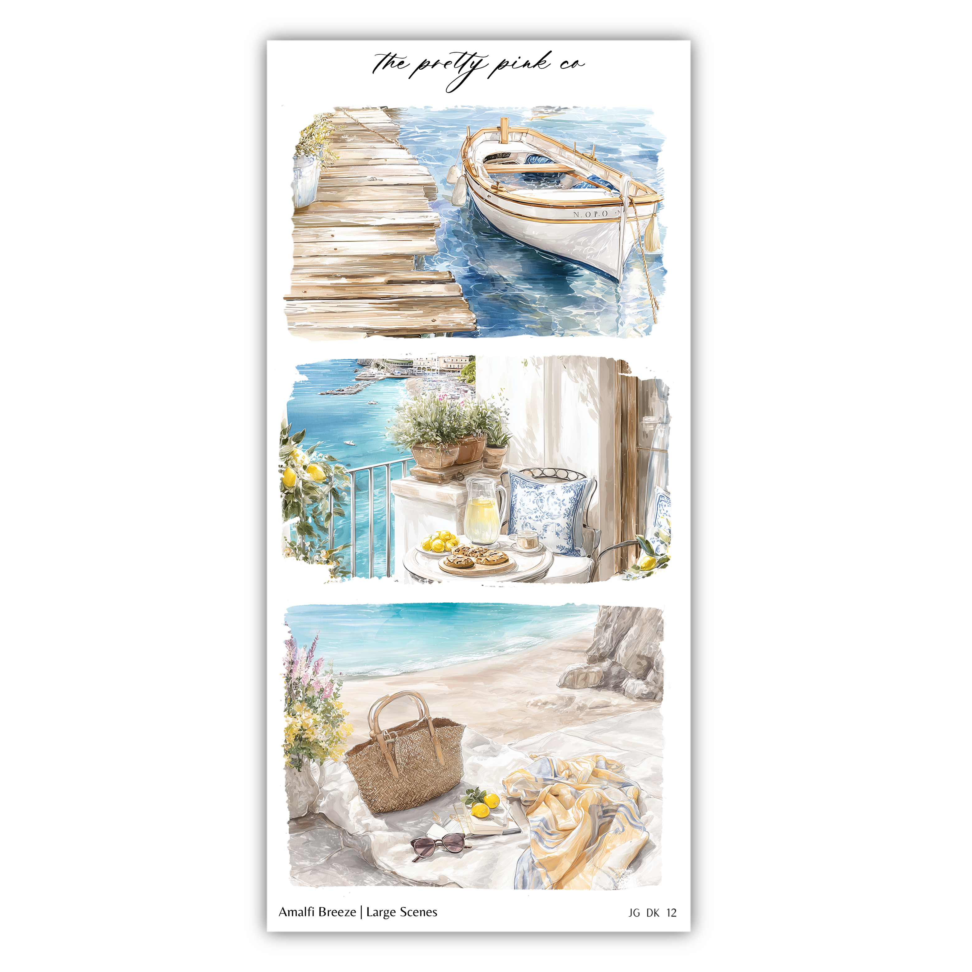 The image is a collage of three pictures depicting various scenes, including a wooden dock, a boat on the water, and a beach with a basket and a towel.