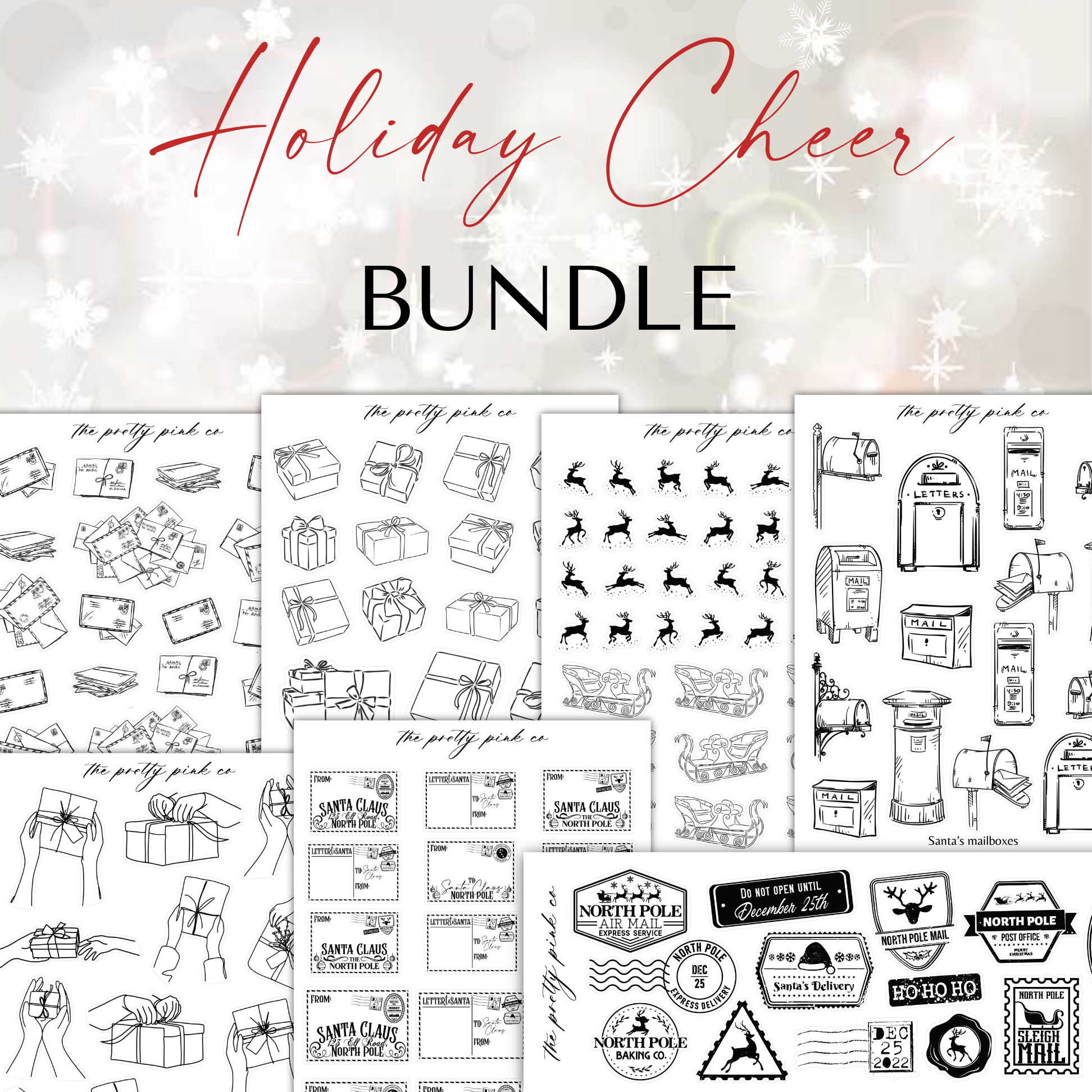 the holiday cheer bundle includes a variety of hand drawn holiday items