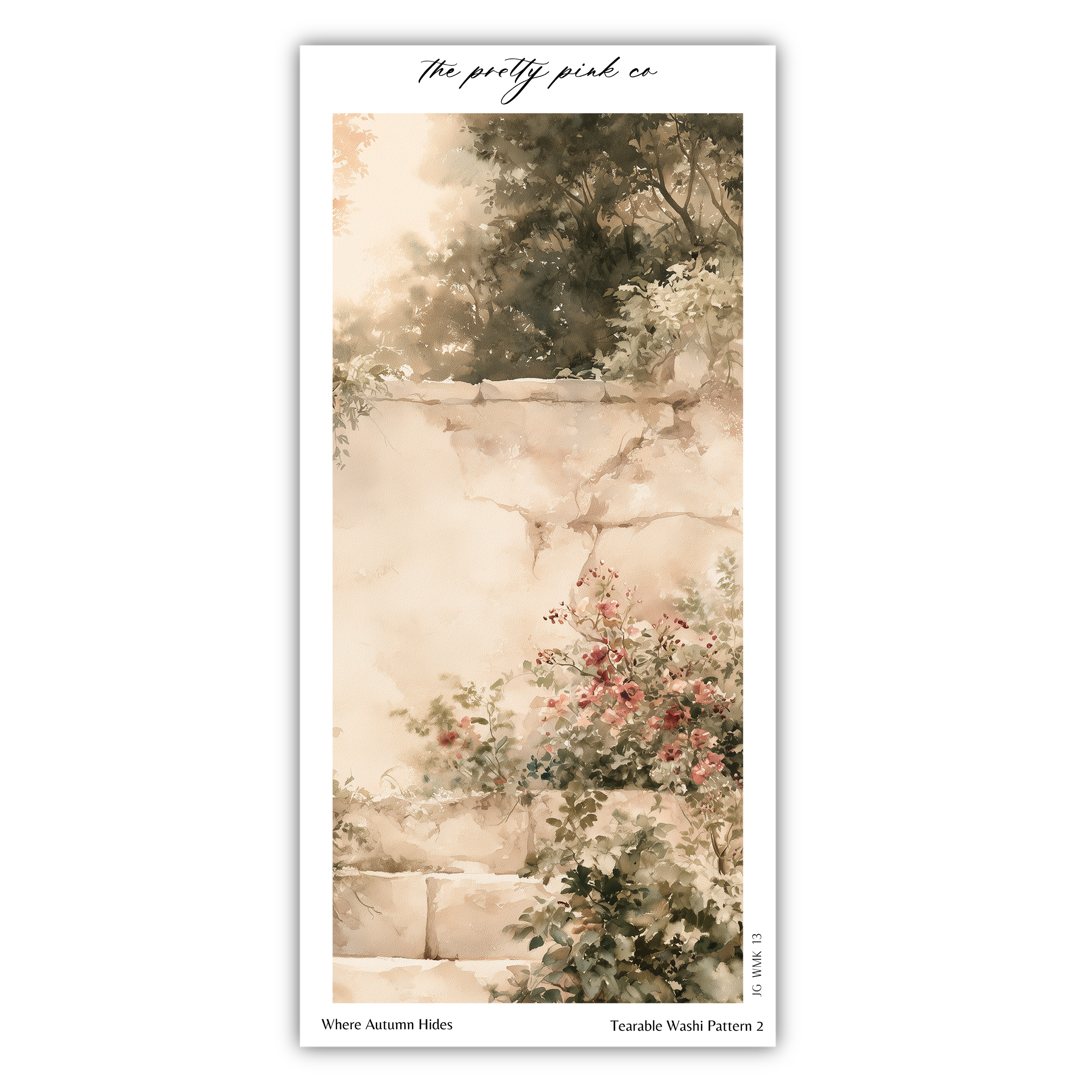 The image is a watercolor painting depicting a stone wall with a floral arrangement on top.