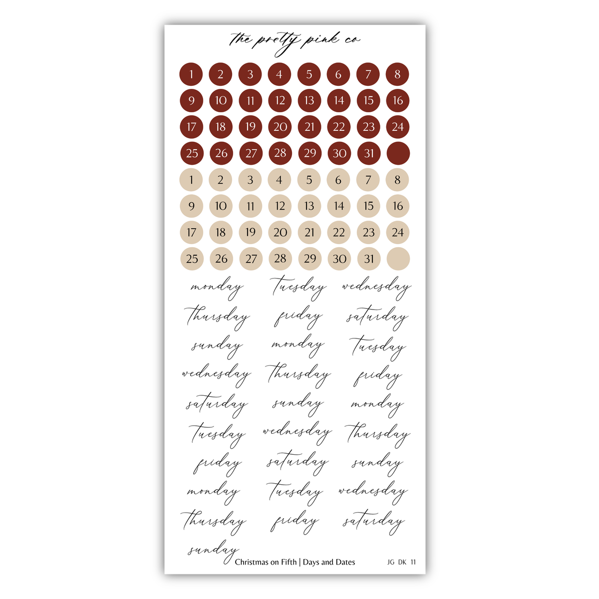 The image is a calendar with a mix of red and beige circles representing days of the week, and the days of the week are written in cursive.