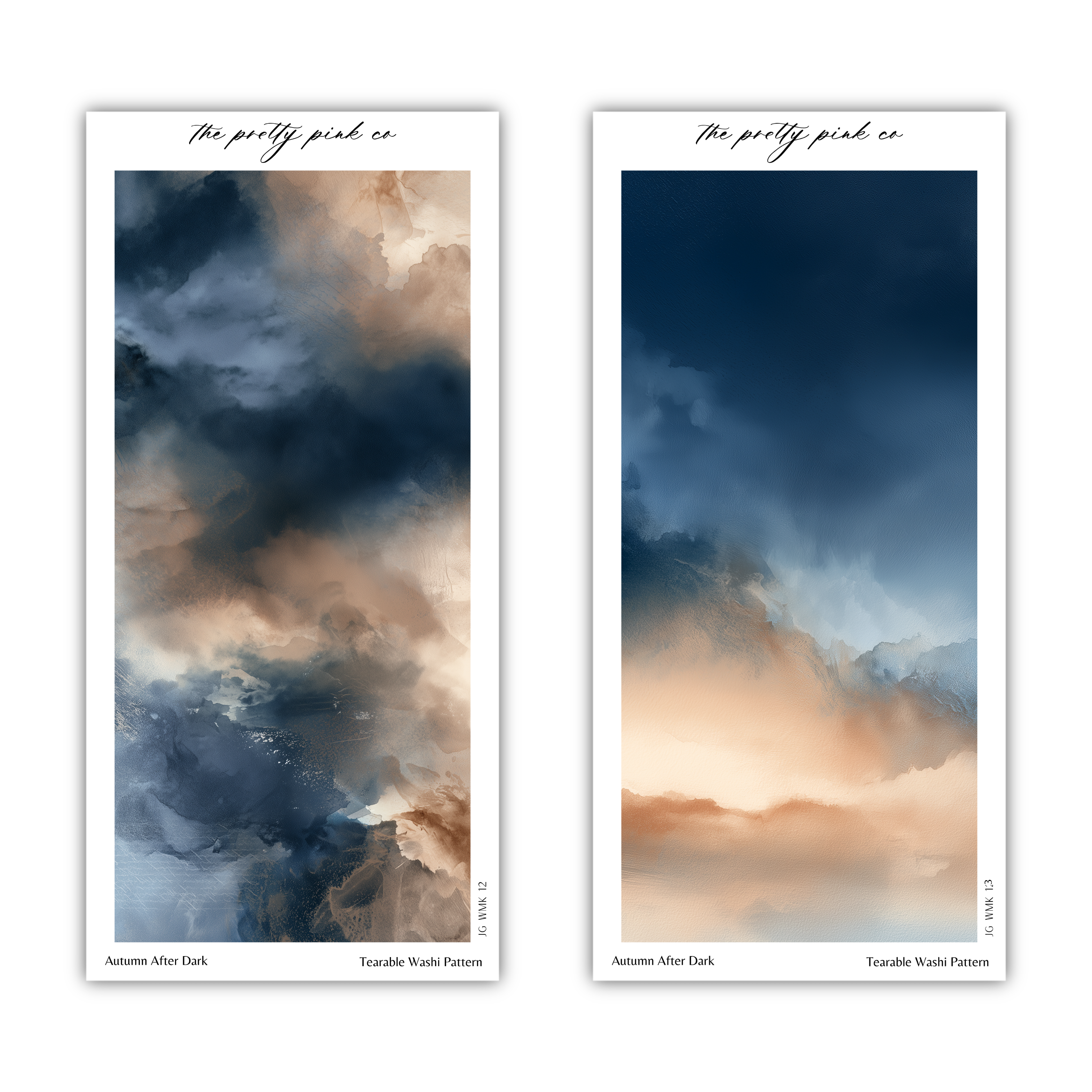two abstract paintings with different color schemes and styles. The left painting has a dark and moody color palette, while the right painting has a lighter and more vibrant color palette. The paintings are titled "The pretty pink co" and "Autumn After Dark" respectively.