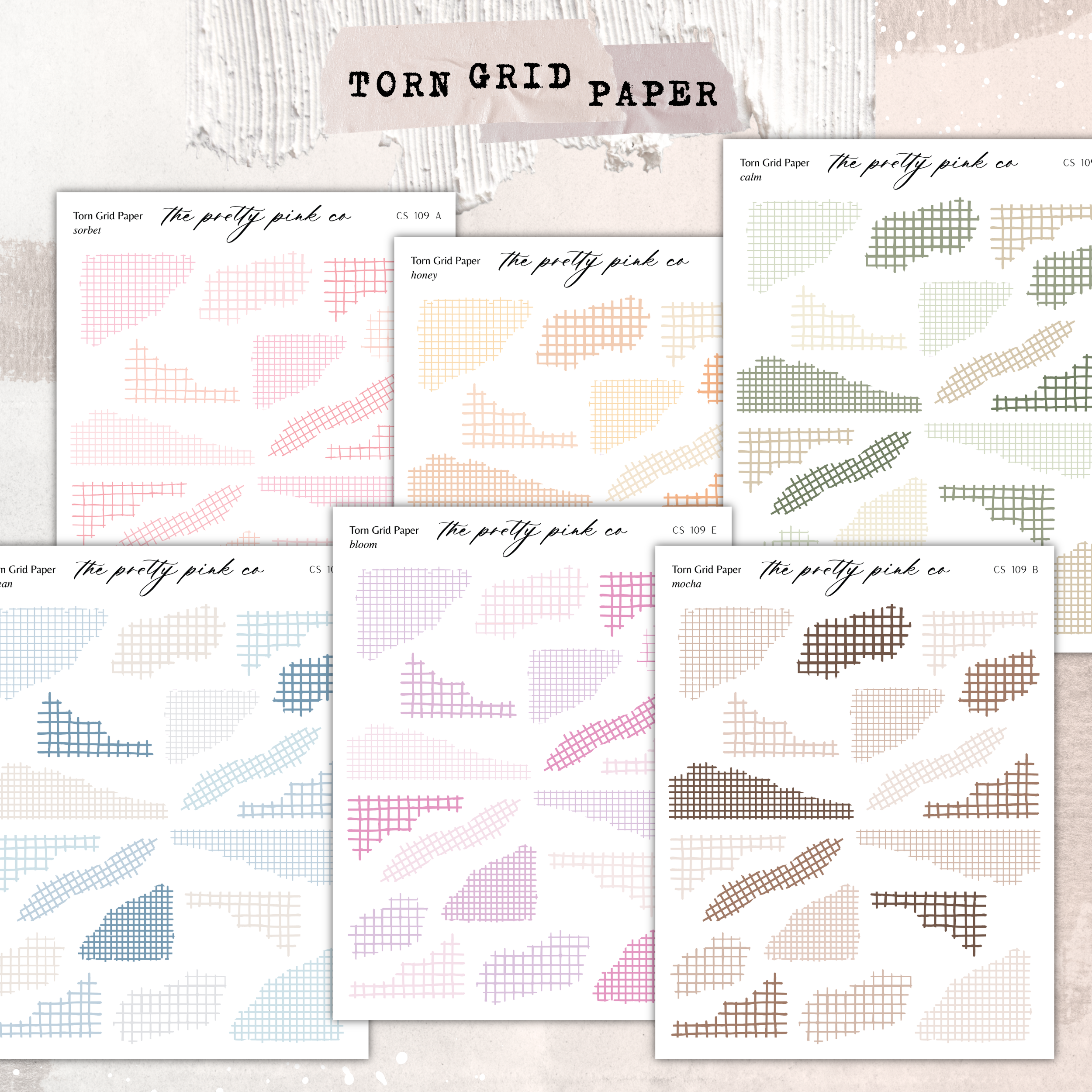 a collage of six different torn grid paper designs, each with a unique pattern and color scheme. The text "Torn Grid Paper" is visible, indicating that these are various types of torn grid paper.