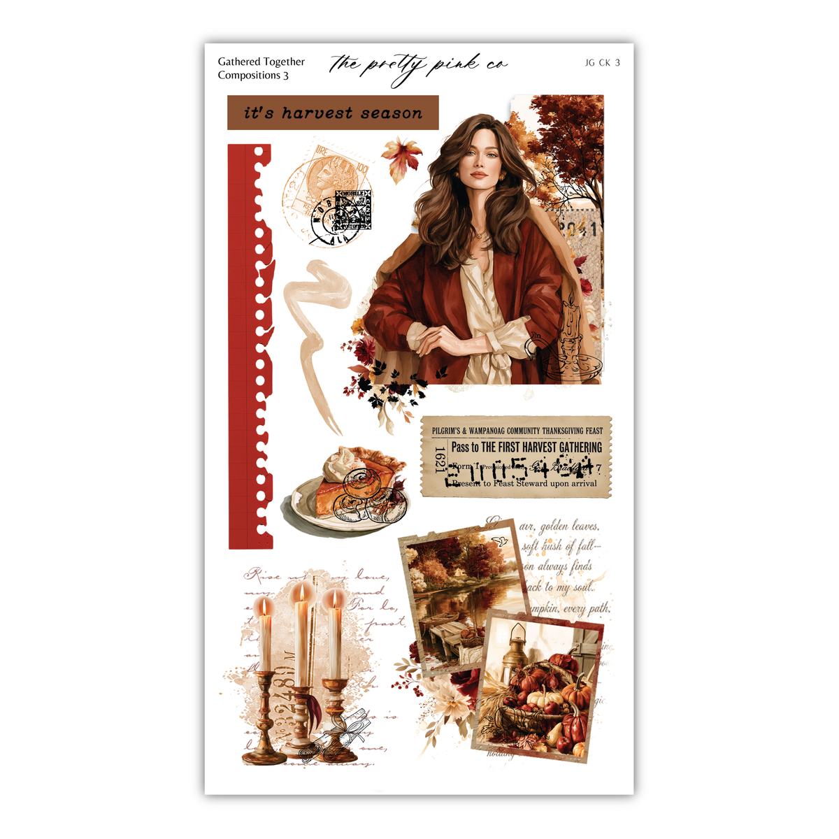 The image is a collage of various elements, including a woman, a turkey, candles, and autumn leaves, all set against a backdrop of a tree and a building. The collage appears to be a creative and artistic representation of the harvest season, with the woman and turkey as central figures.