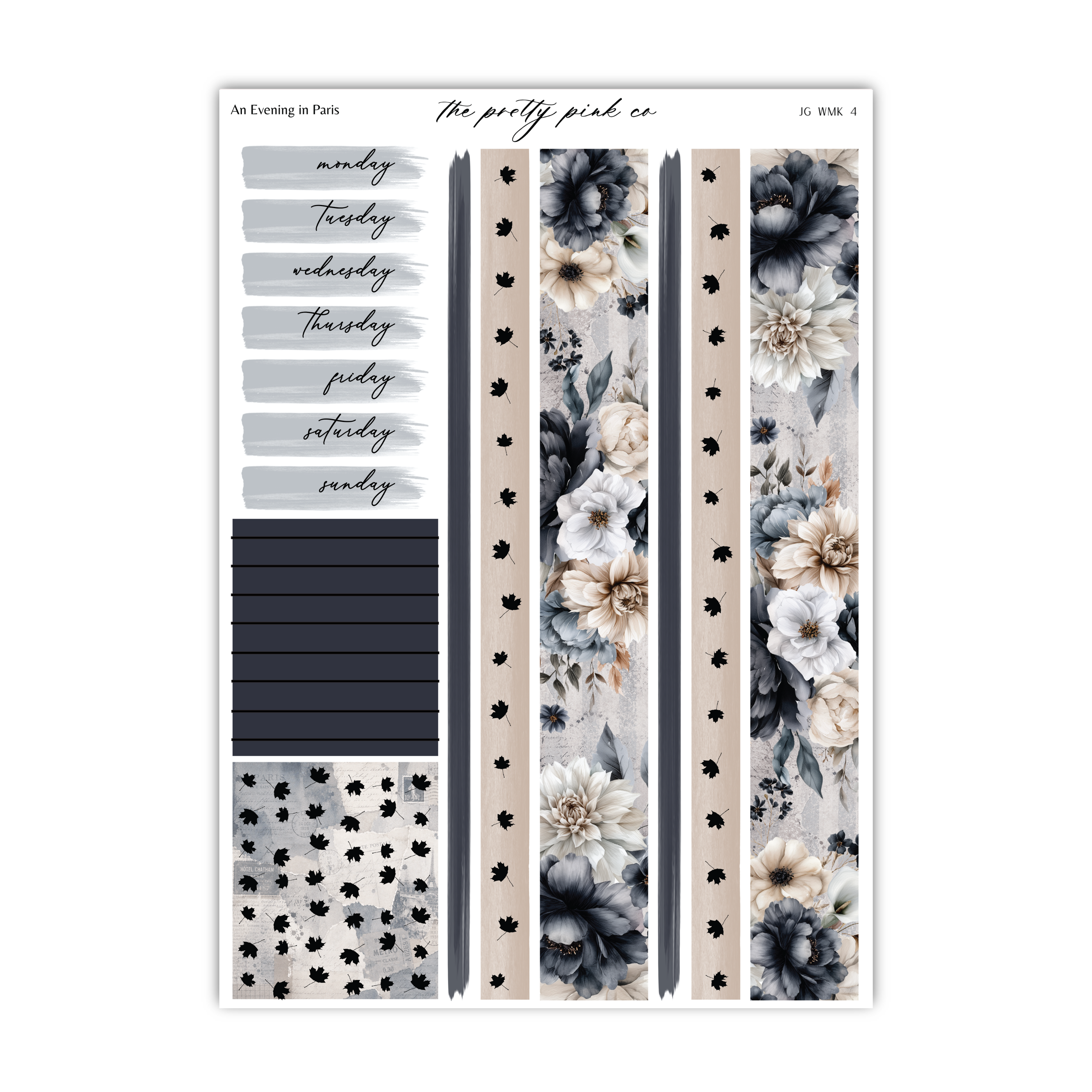The image is a collage of various elements, including a floral pattern, a grid of days of the week, and a pattern of leaves and flowers.