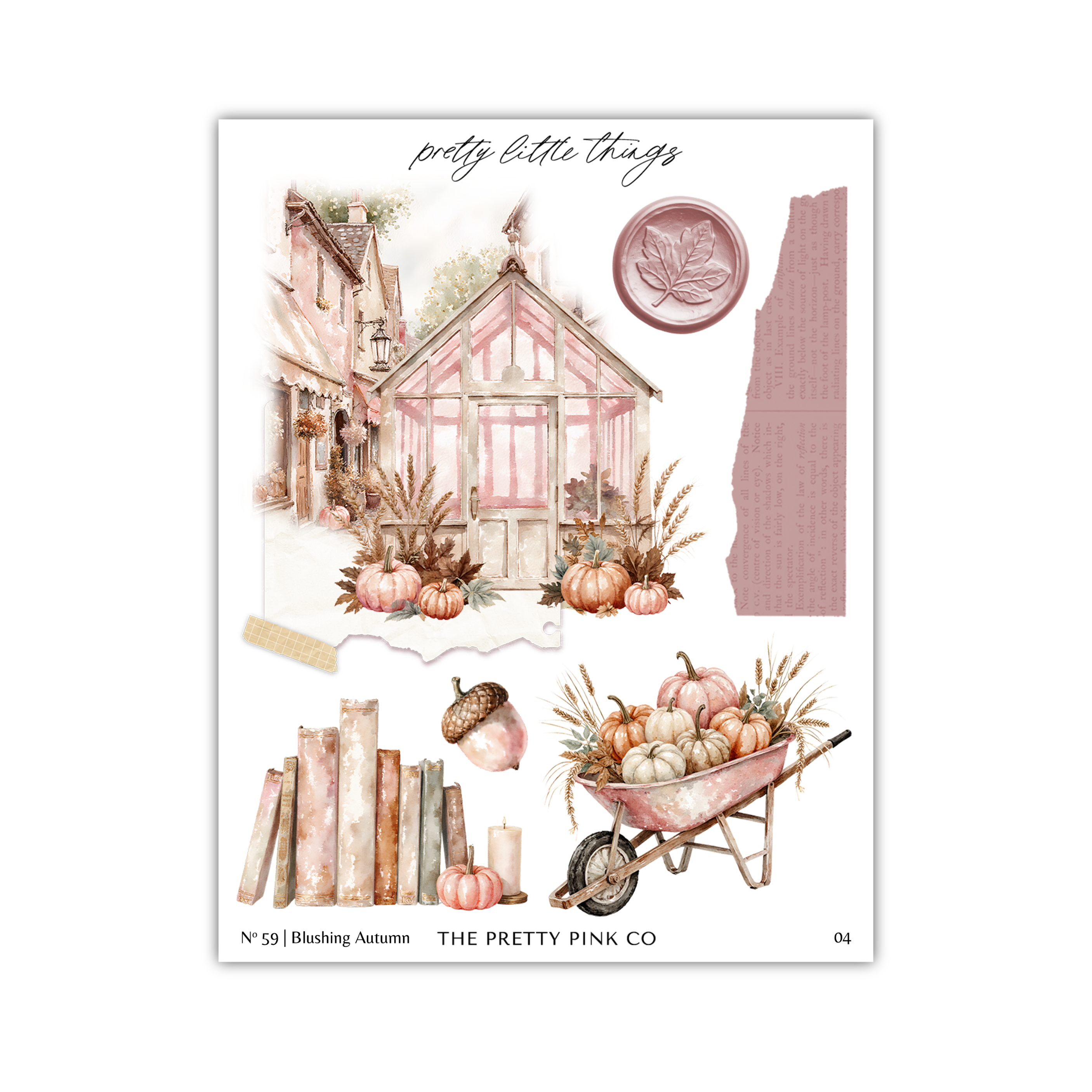 The image is a collage of various autumn-themed elements, including a greenhouse, pumpkins, books, and a wagon wheel.