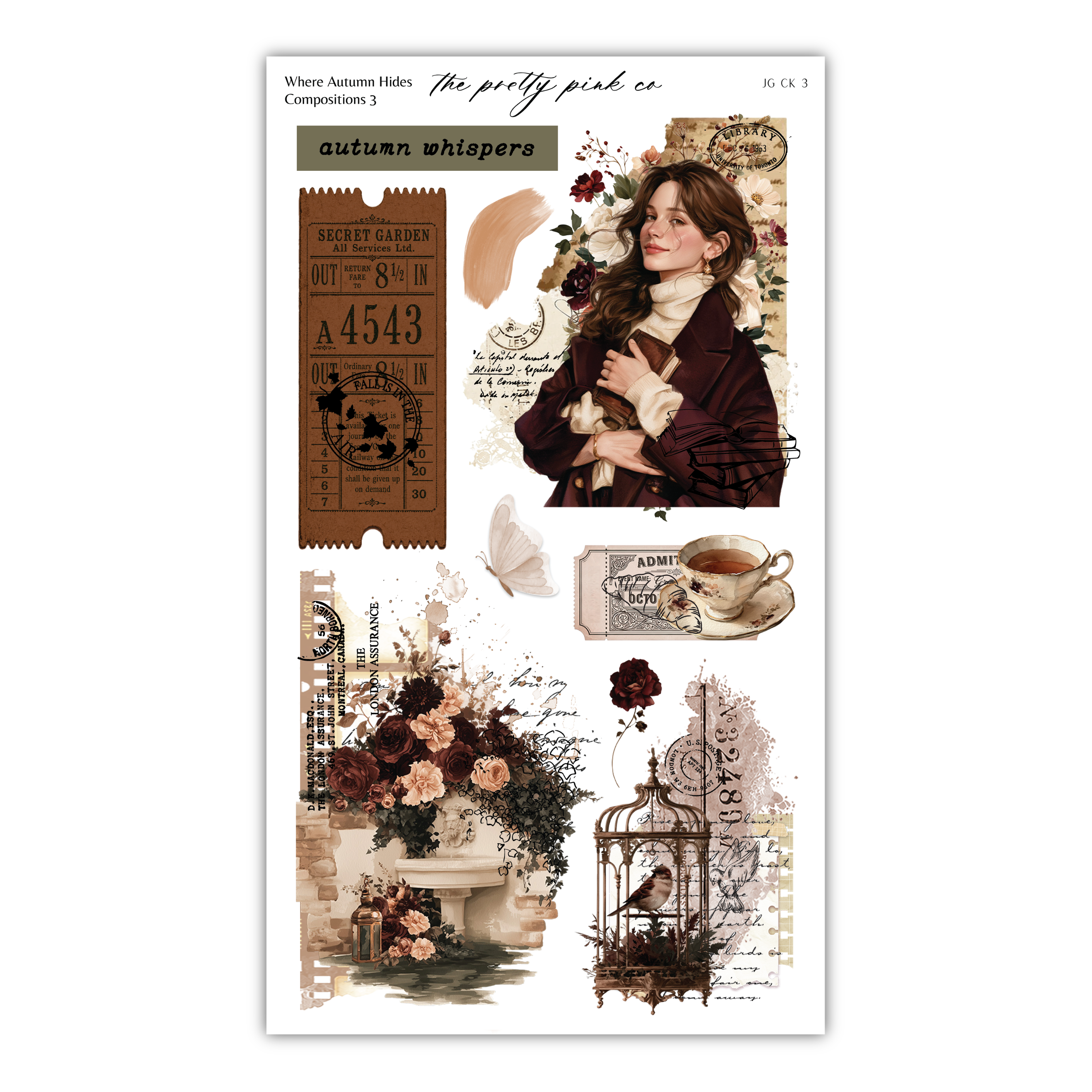 The image is a collage of various autumn-themed elements, including a woman in a brown coat, a birdcage, flowers, and a ticket. The collage is visually appealing and showcases the beauty of autumn.