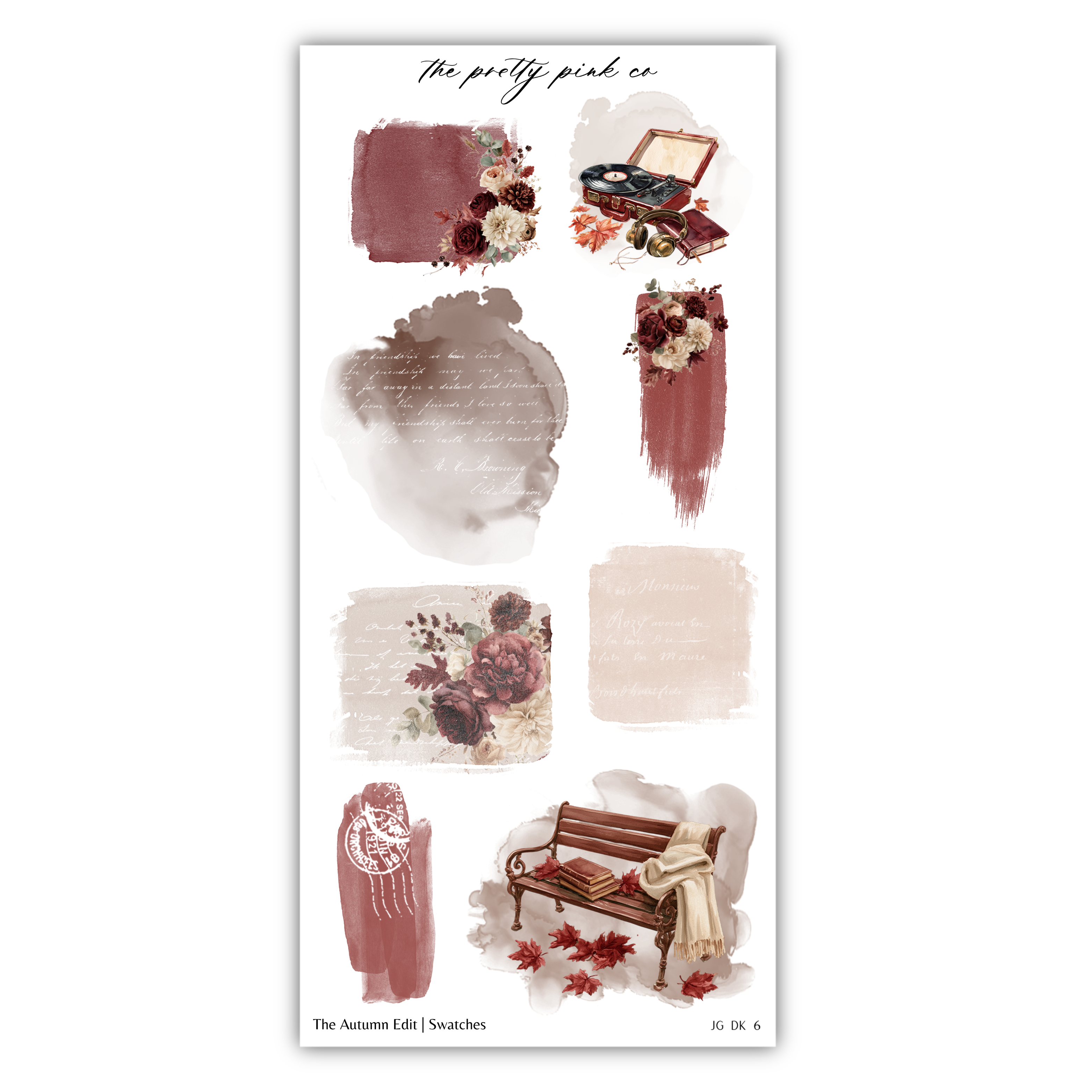 various illustrations and text elements related to autumn, including floral designs, a bench, and other seasonal elements.