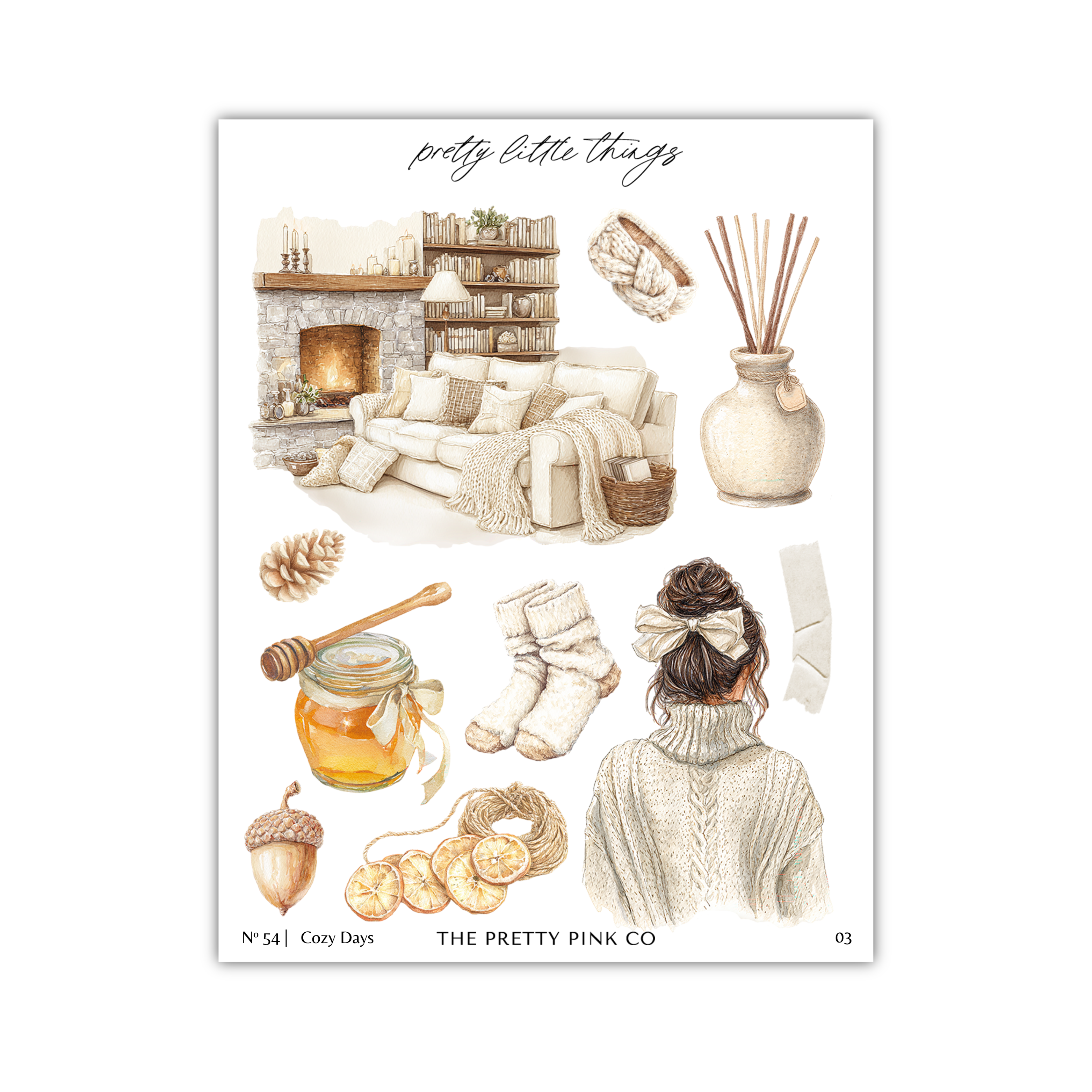The image is a collage of various cozy and homely items, including a fireplace, a couch, a vase, a basket, a pair of socks, a honey jar, an acorn, and a woman's back.