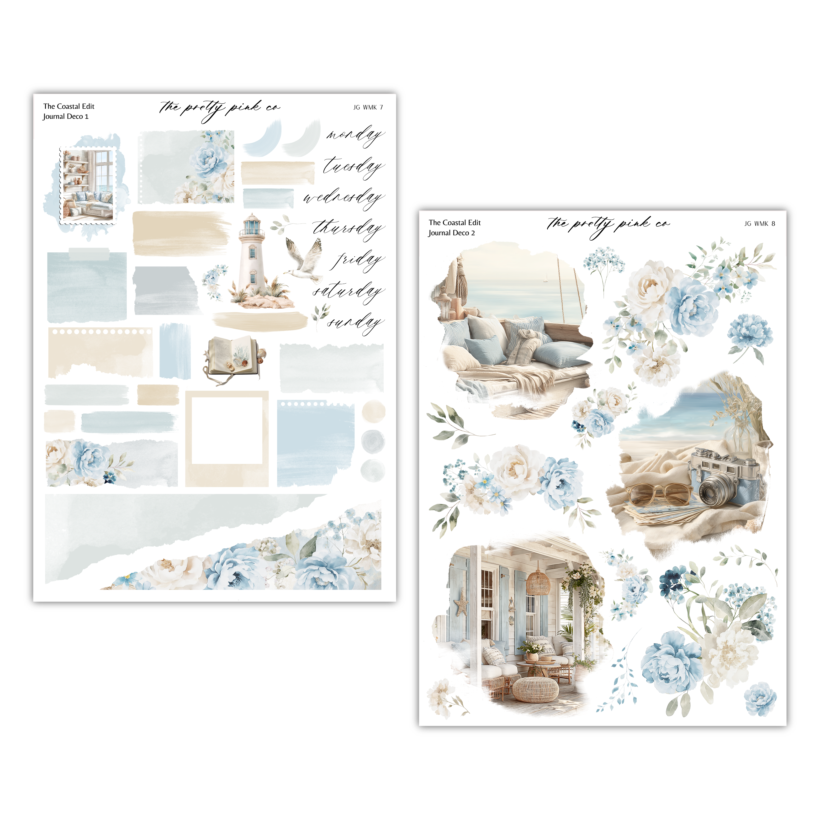 two separate images, each with a different background and floral motifs. The left image features a serene coastal scene with a lighthouse, while the right image depicts a cozy indoor setting with a fireplace and floral decorations.