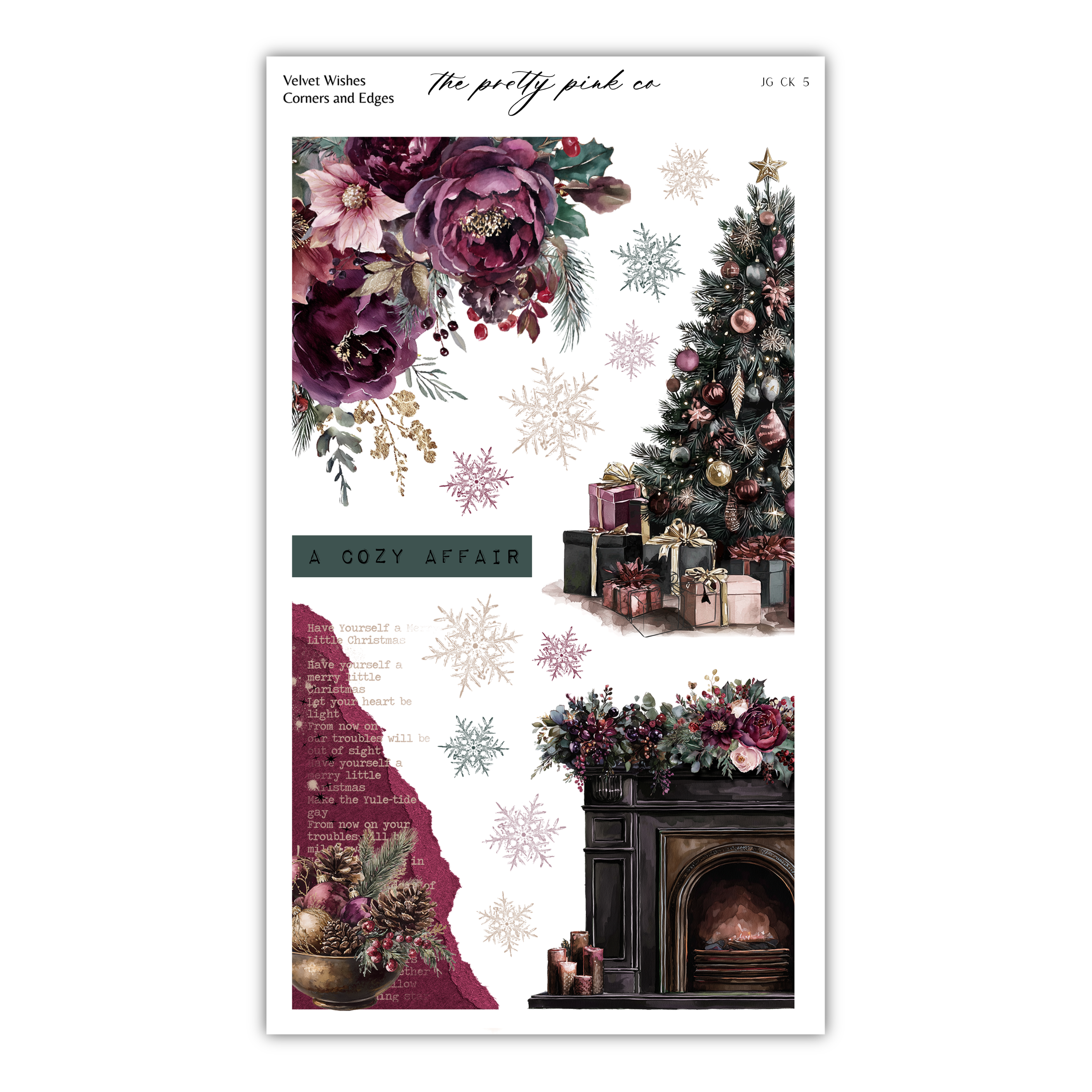 The image is a collage of various Christmas-themed elements, including a Christmas tree, presents, and a fireplace. The collage is titled "A COZY Affair" and features a variety of colors, including shades of purple, pink, and green.