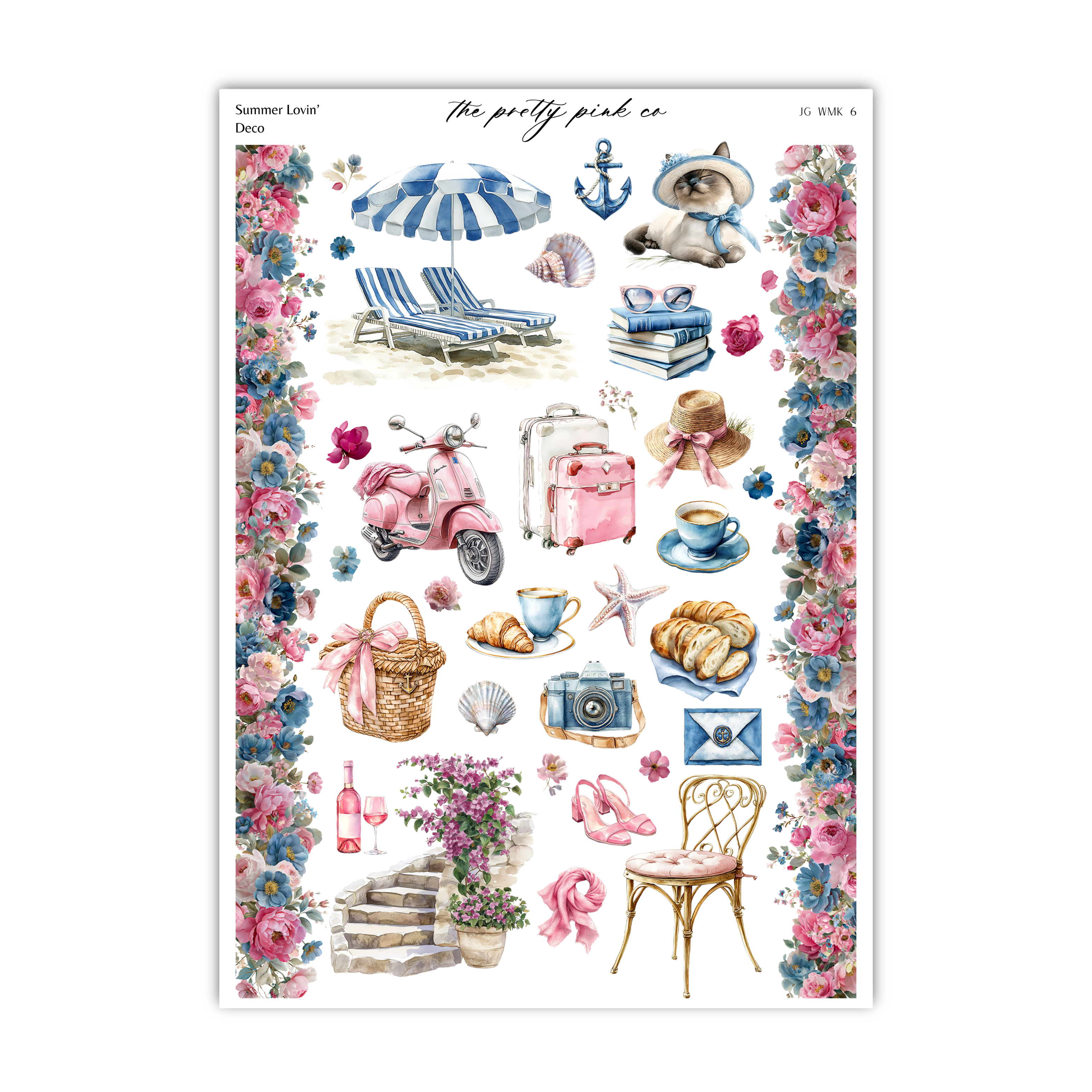 a sheet of stickers with pink and blue flowers