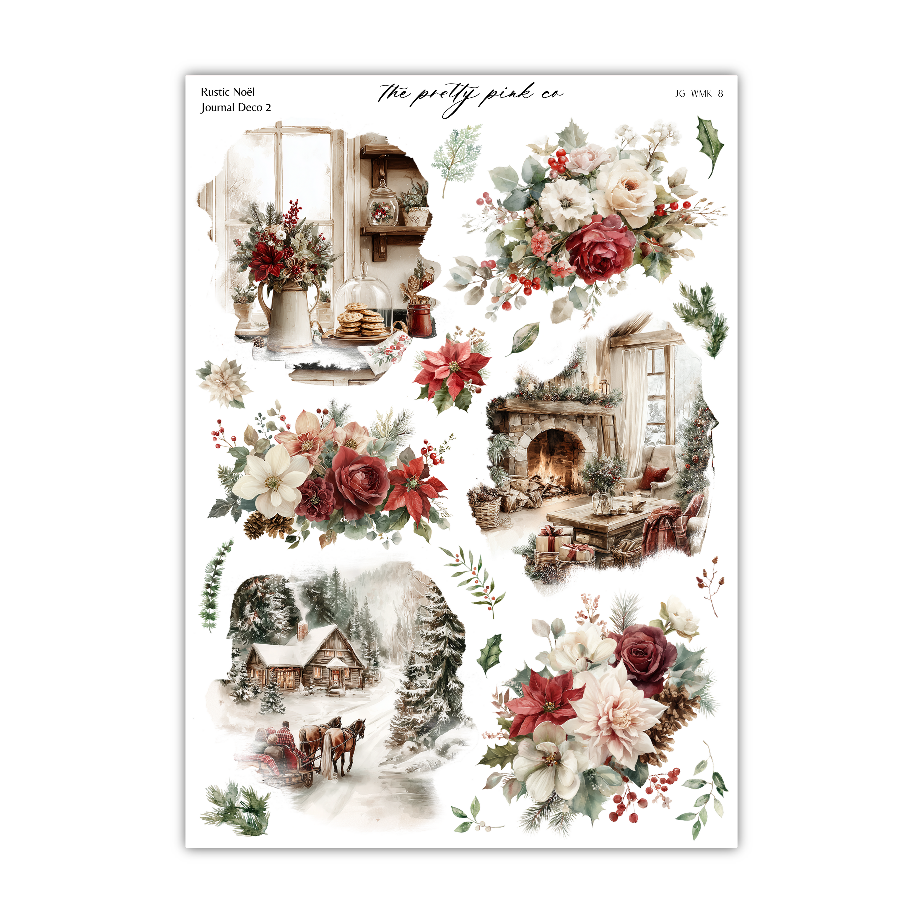 a collage of various winter-themed scenes, including a fireplace, a snowy landscape, a cabin, and a floral arrangement.