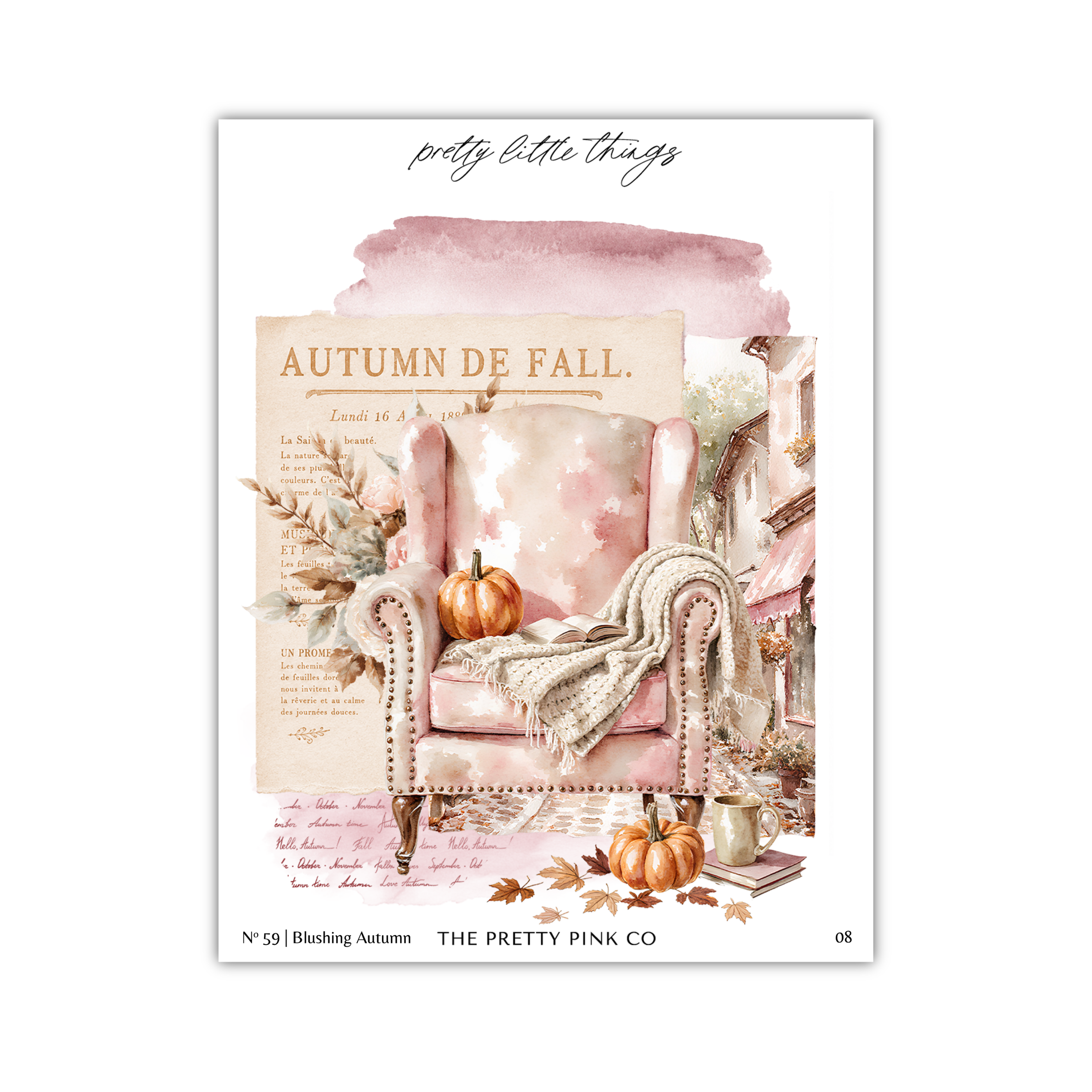 The image is a collage featuring a pink armchair, pumpkins, and autumn leaves, with the text "AUTUMN DE FALL" prominently displayed.