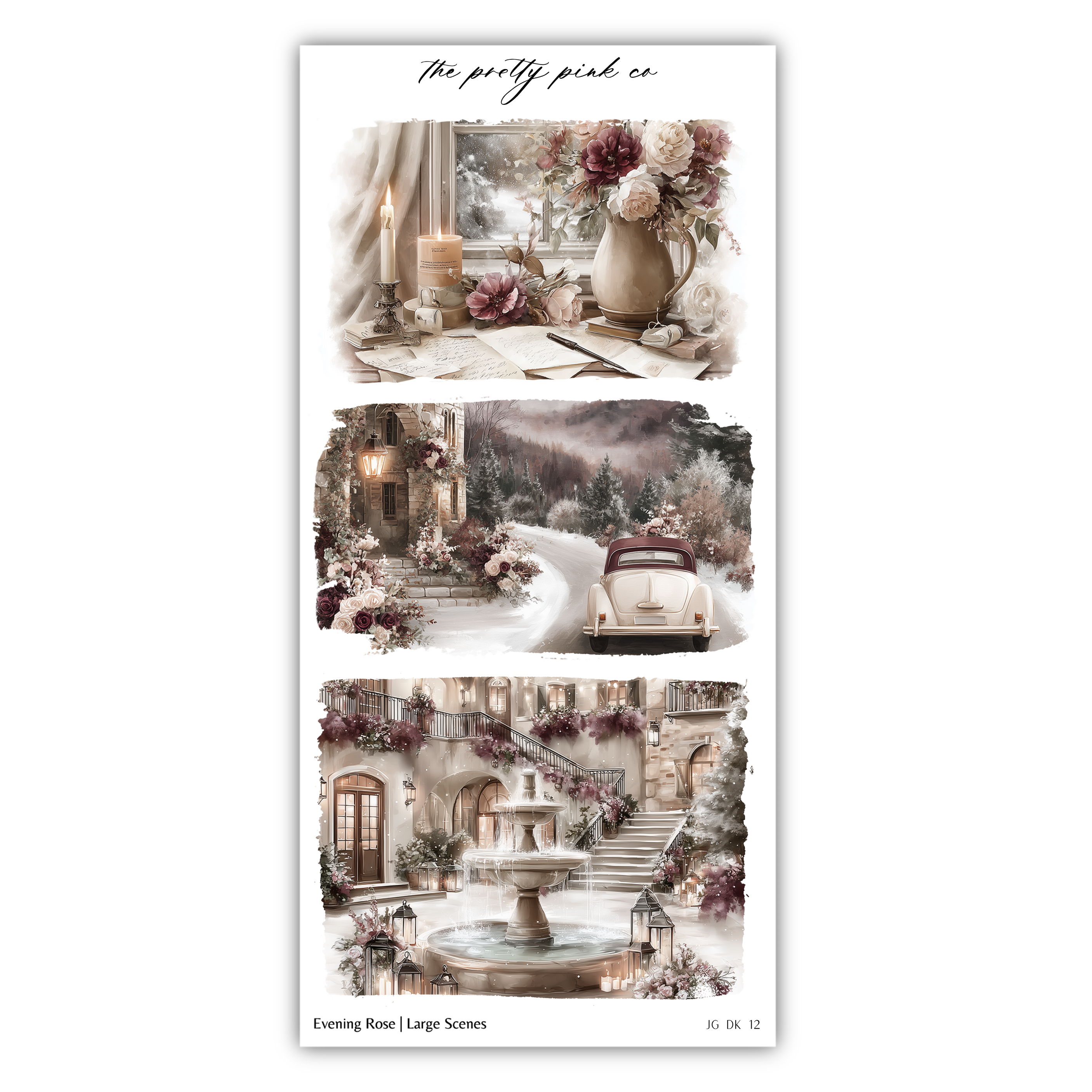 The image is a collage of three pictures depicting various scenes, including a window with flowers, a car, and a fountain.