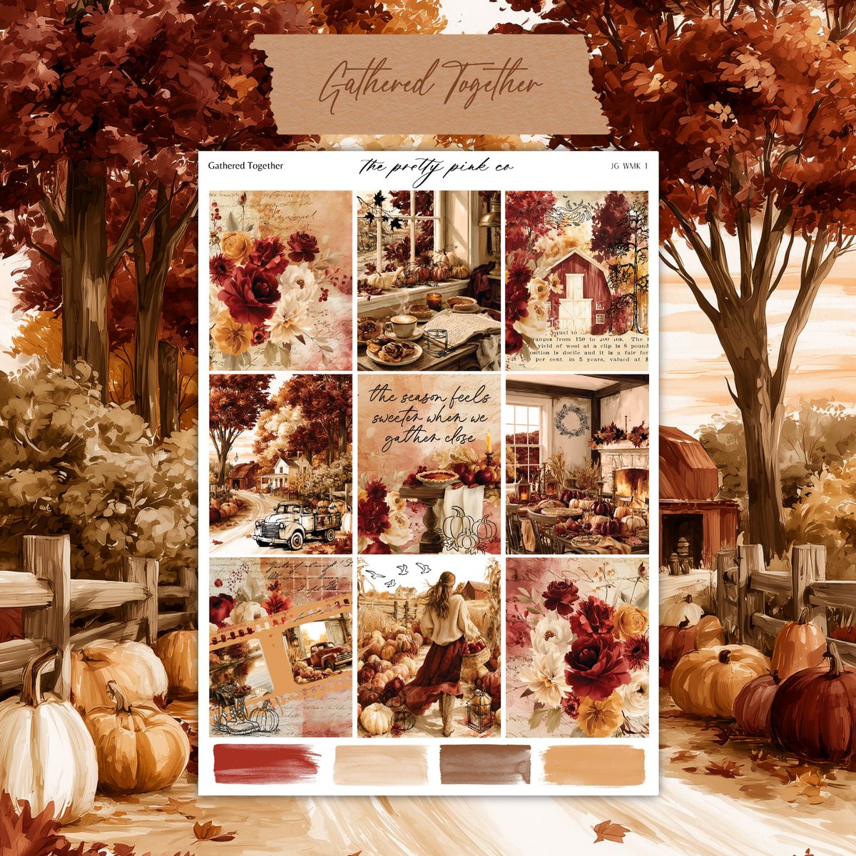 The image is a collage of various autumn-themed images, including pumpkins, flowers, and a rustic farmhouse. The collage is titled "Gathered Together" and features a warm, autumnal color palette with shades of brown, orange, and red.