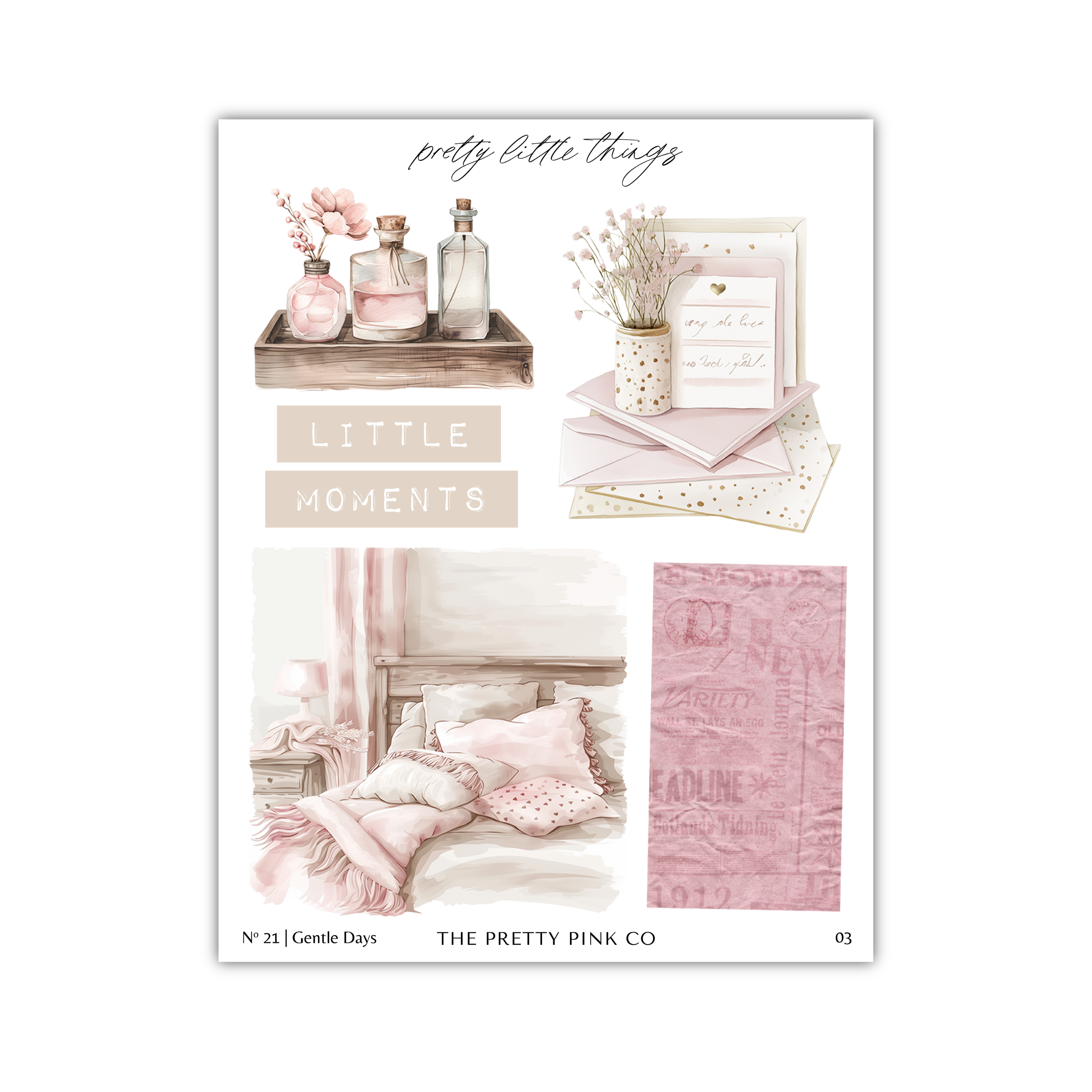 The image is a collage of various decorative items and text, including bottles, flowers, a card, and a bed, all in a pink and white color scheme.