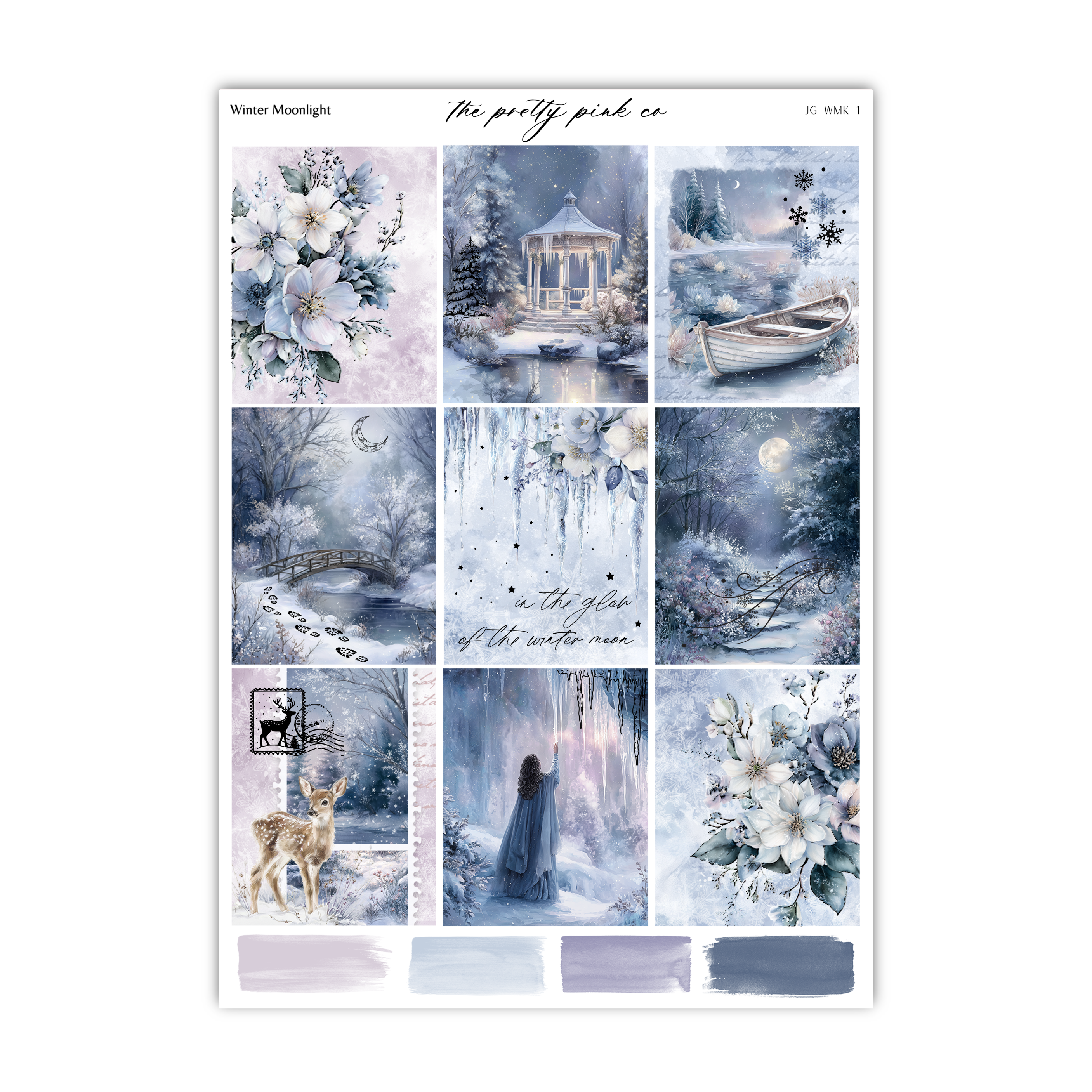 The image is a collage of nine winter-themed pictures, each depicting different elements of the winter season. The collage includes images of snow-covered landscapes, a gazebo, a boat on a frozen lake, a deer in a snowy forest, and a woman in a blue dress standing in the snow. The collage is titled "Winter Moonlight" and includes the text "The pretty pink co" and "JWG 1".