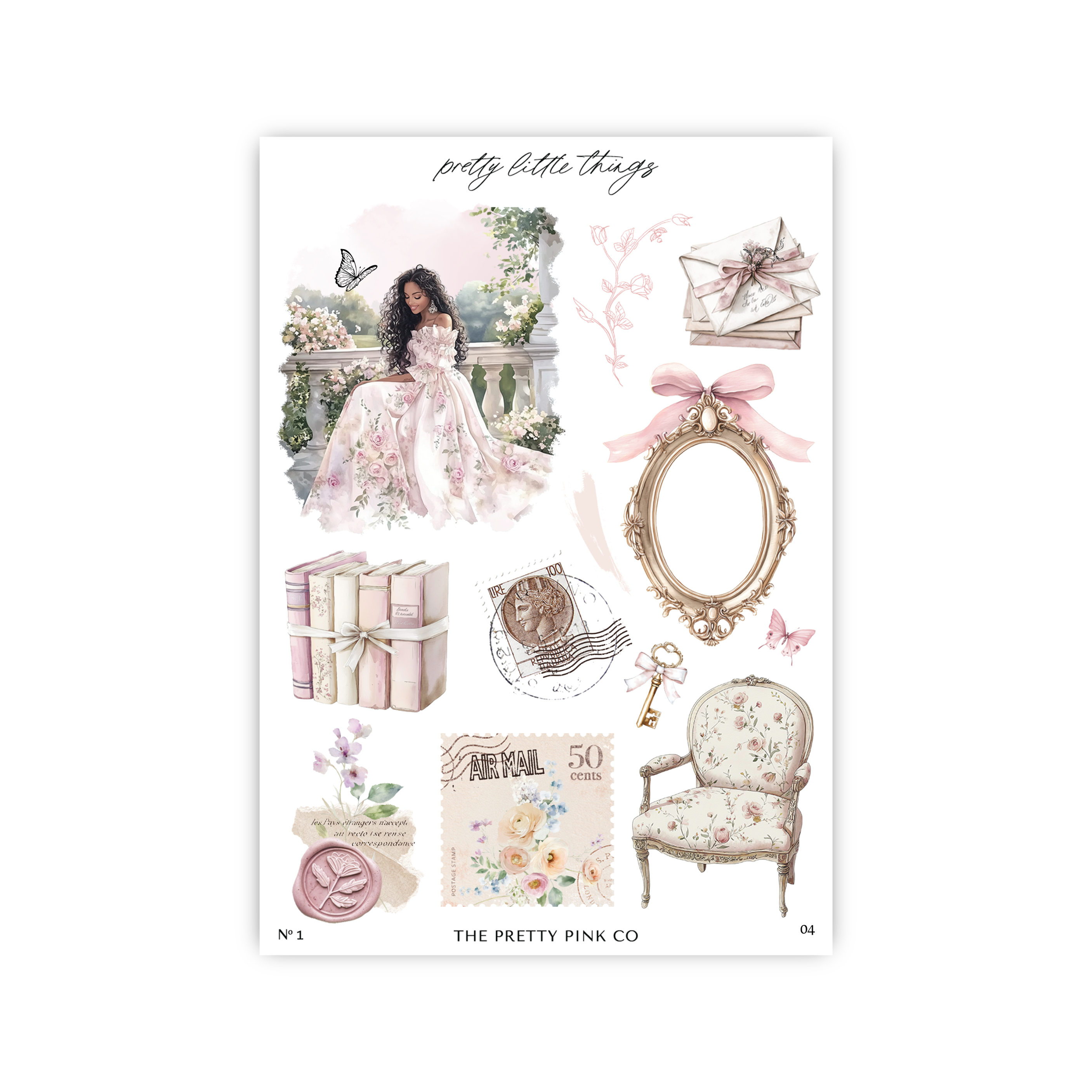 a sticker sheet with a picture of a woman in a pink dress