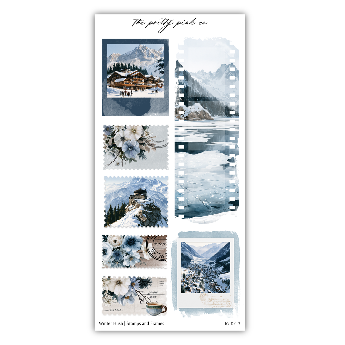 a collage of various winter-themed images, including a snowy mountain landscape, a snowy cabin, a snowy valley, and a snowy mountain. The collage also includes a stamp and a frame, which are part of the "Winter Hush" collection.