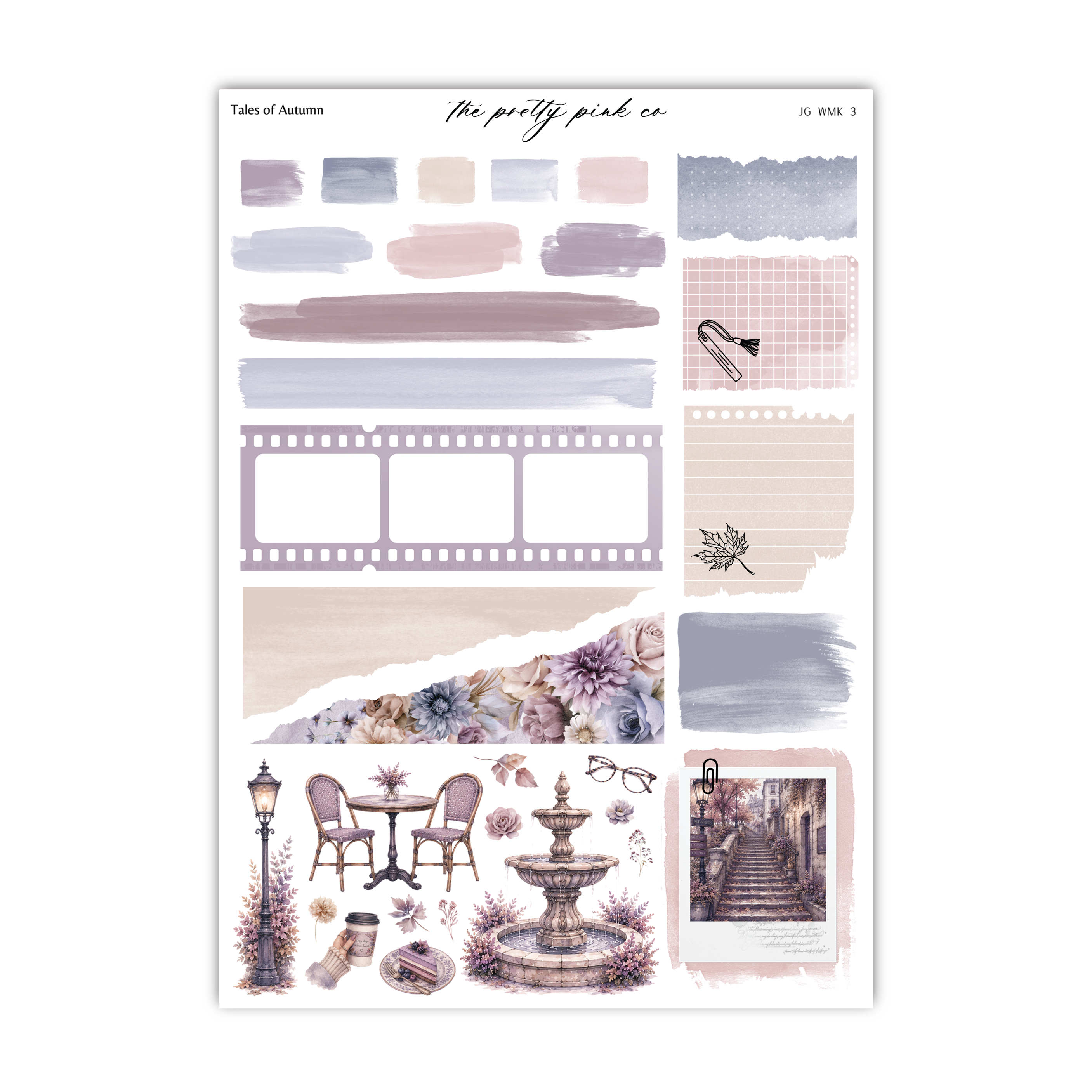 The image is a collection of various elements, including a fountain, chairs, a table, and other decorative items, all set against a background with different shades of purple and pink.