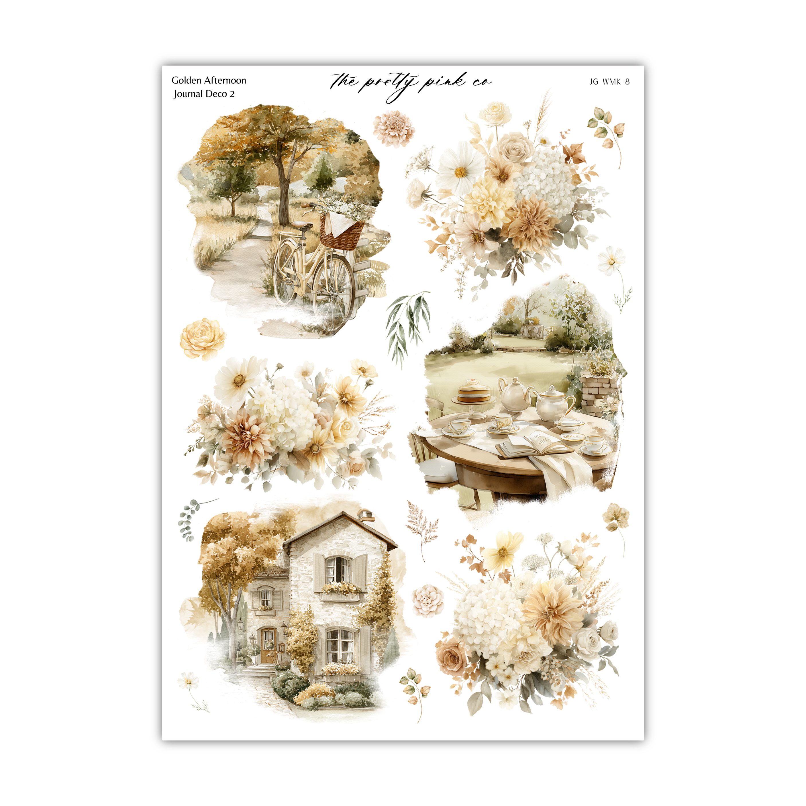 The image is a collage of various floral and architectural elements, including a bicycle, a house, and a table with flowers.