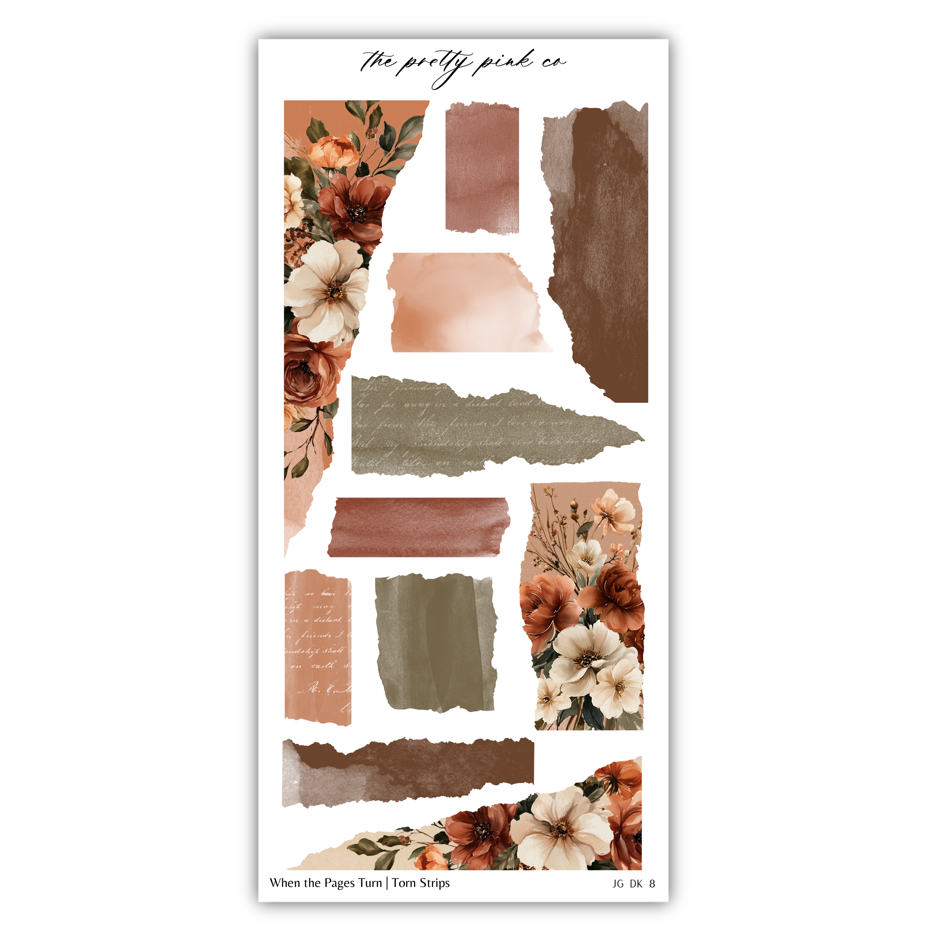 The image is a collage of various abstract shapes and floral elements, including torn paper strips and watercolor-like textures.