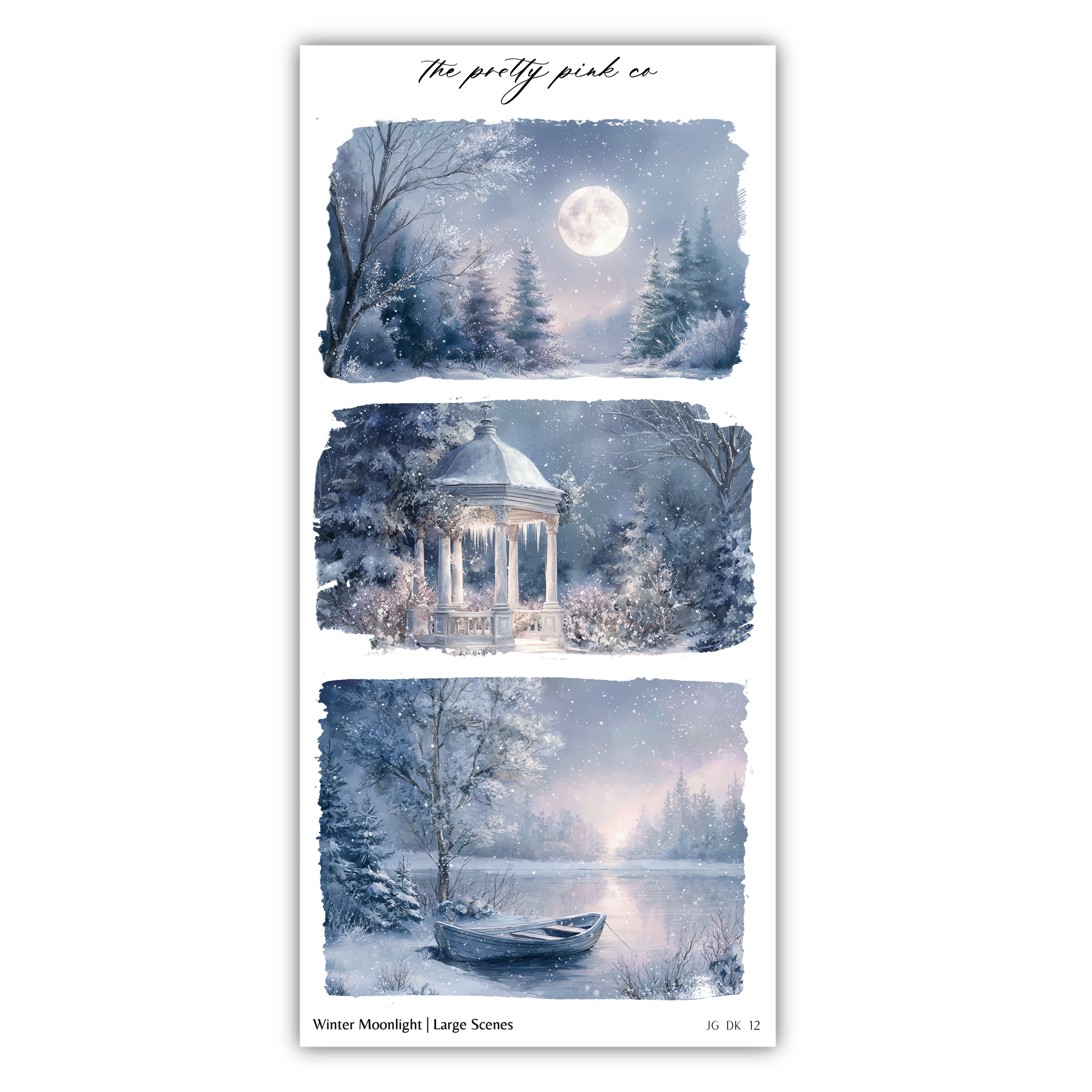 The image is a collage of three winter scenes depicting a gazebo, a boat on a frozen lake, and a snowy forest under a full moon.