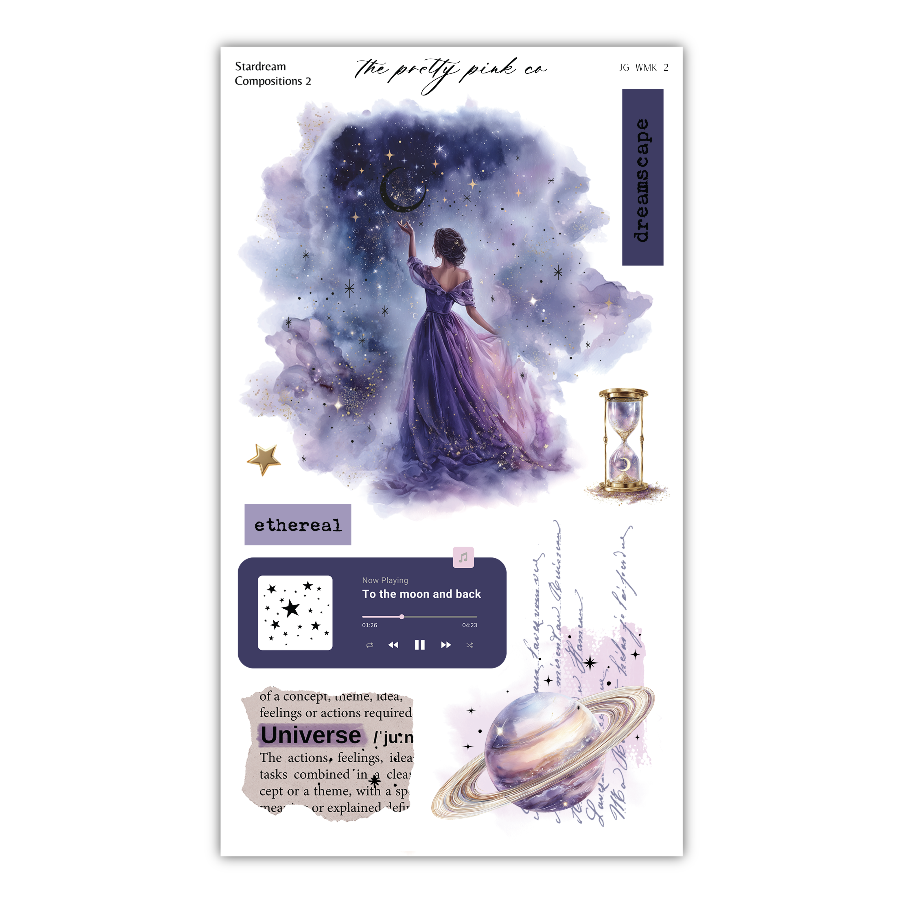 The image is a collage featuring a woman in a purple dress holding a crescent moon, surrounded by stars and a planet, with a starry night sky background.