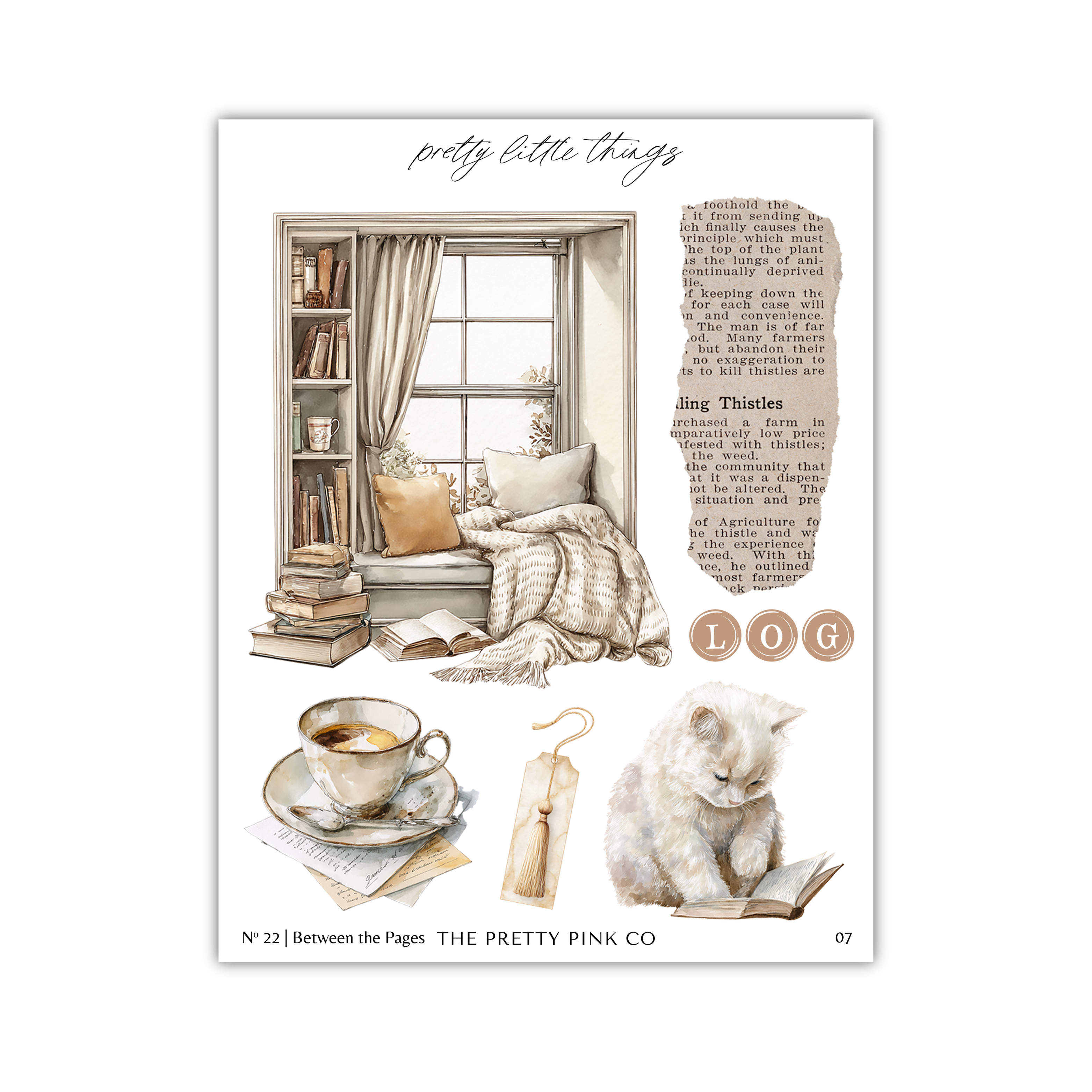 The image is a collage of various elements, including a window with books, a cat, a cup, and a log. The collage is titled " pretty little things" and includes text that reads "log" and "logs".