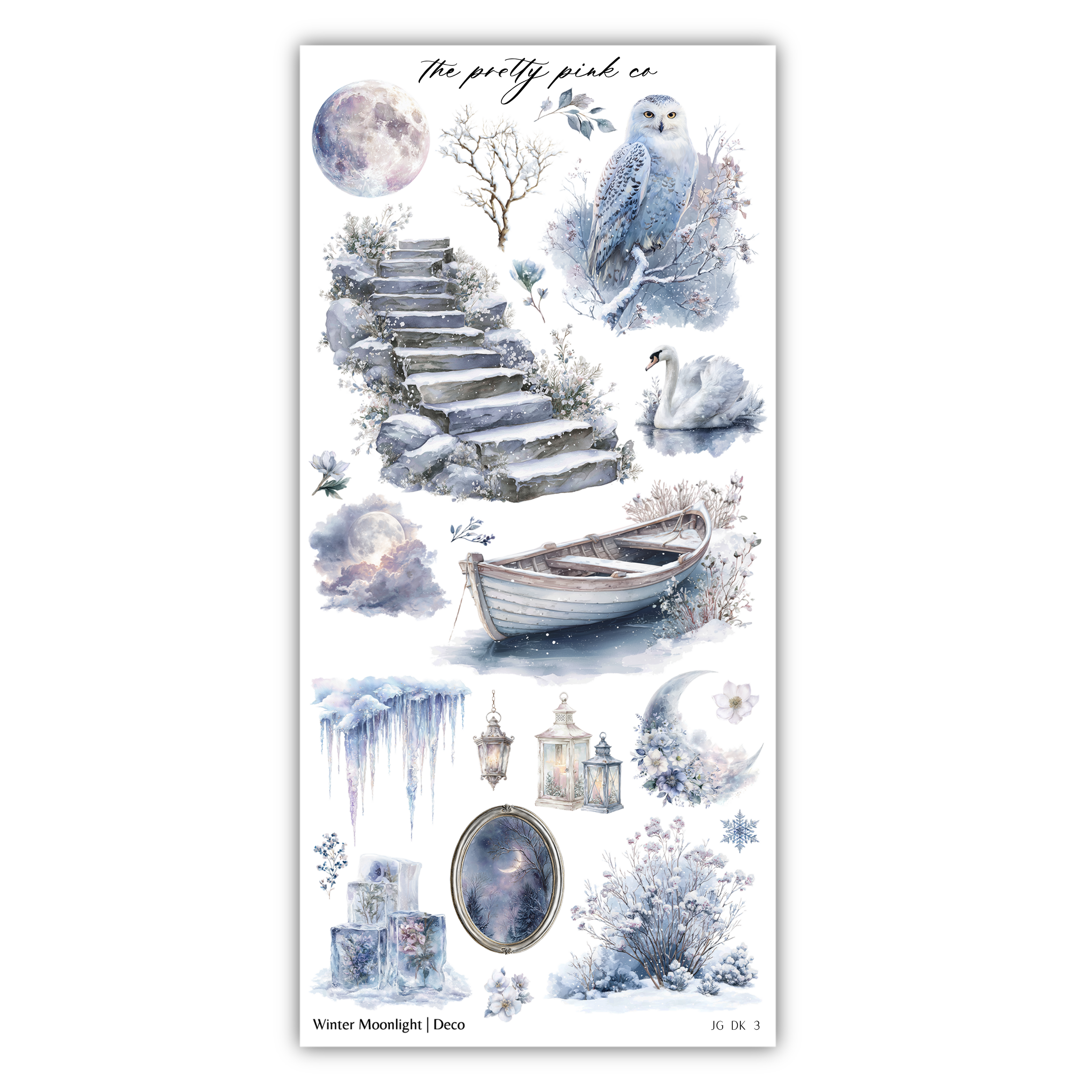The image is a collage of various winter-themed elements, including a full moon, a staircase, a swan, a boat, a lantern, a snowflake, a mirror, and a snow-covered tree.