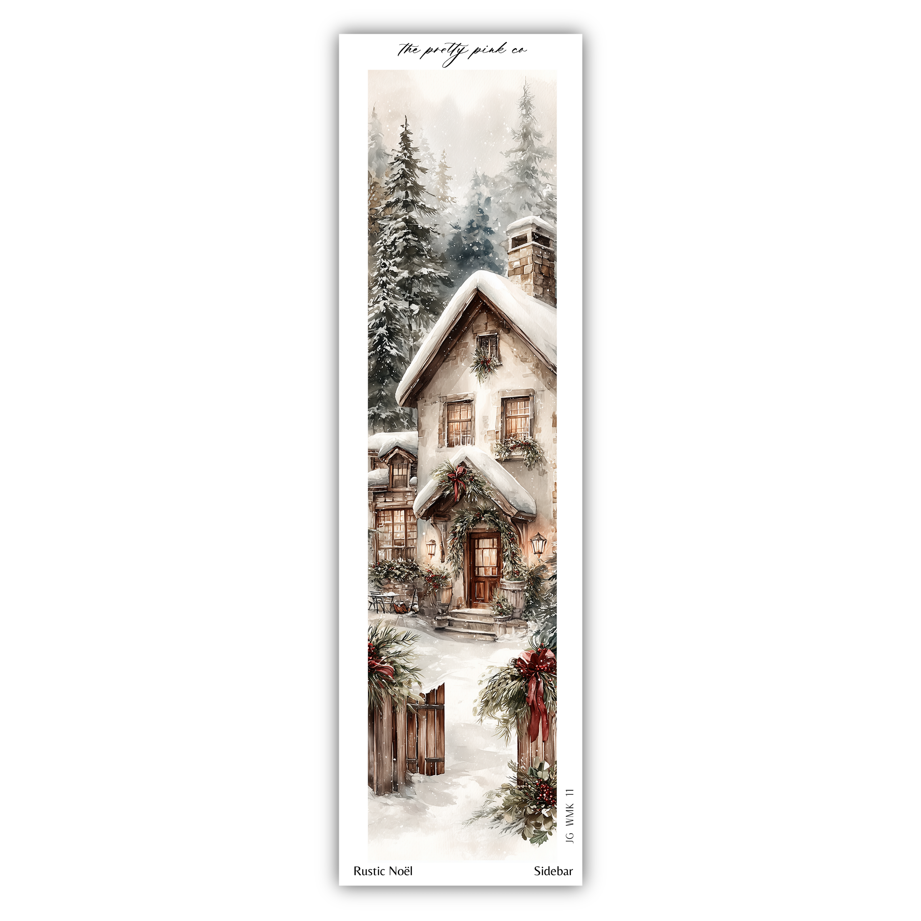 A winter scene depicting a cozy cabin surrounded by snow-covered trees, with a wreath on the door and a red bow on the porch.