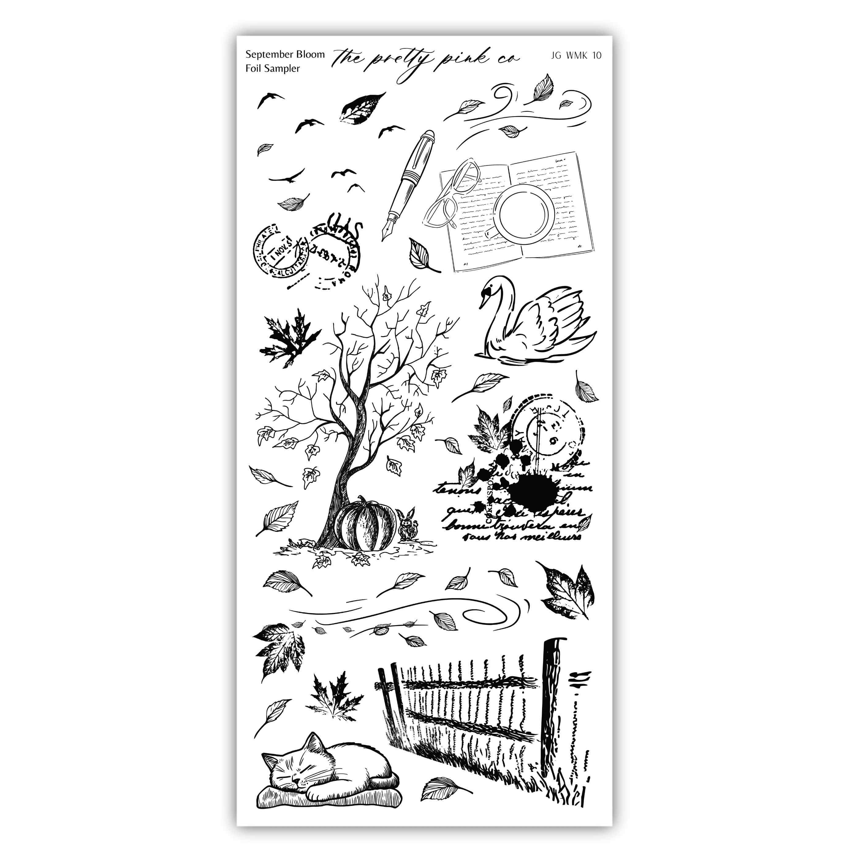 various fall-themed illustrations, including a tree, a cat, a bird, a pumpkin, a swan, and a fence. The illustrations are depicted in a black and white style, with leaves and other natural elements.