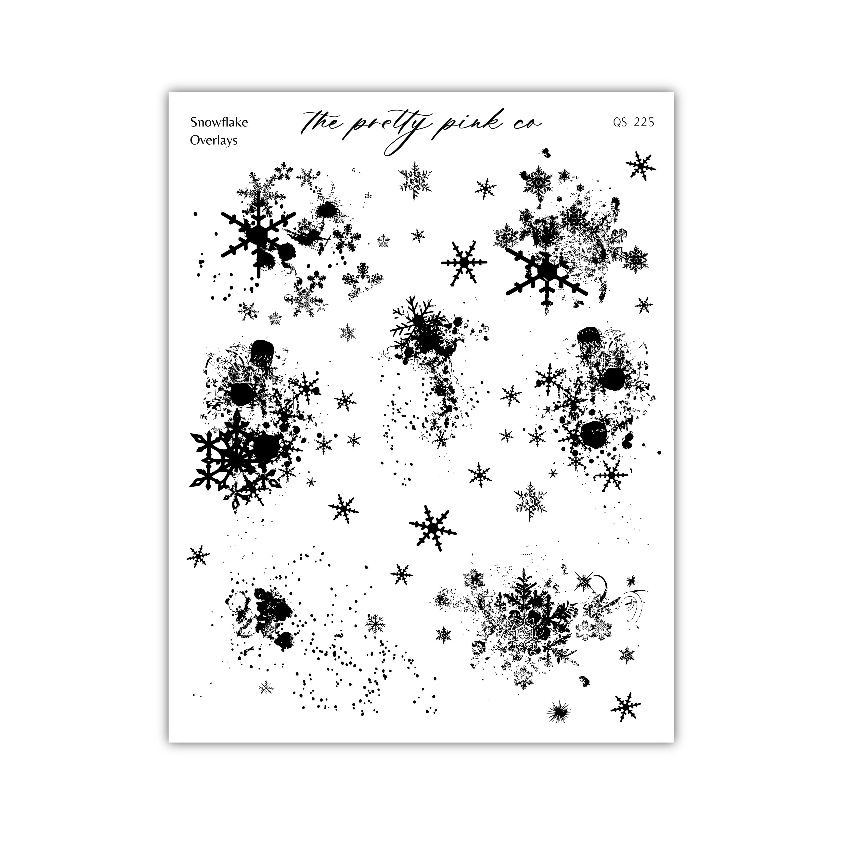 various black and white snowflake and star-like designs scattered across a white background.