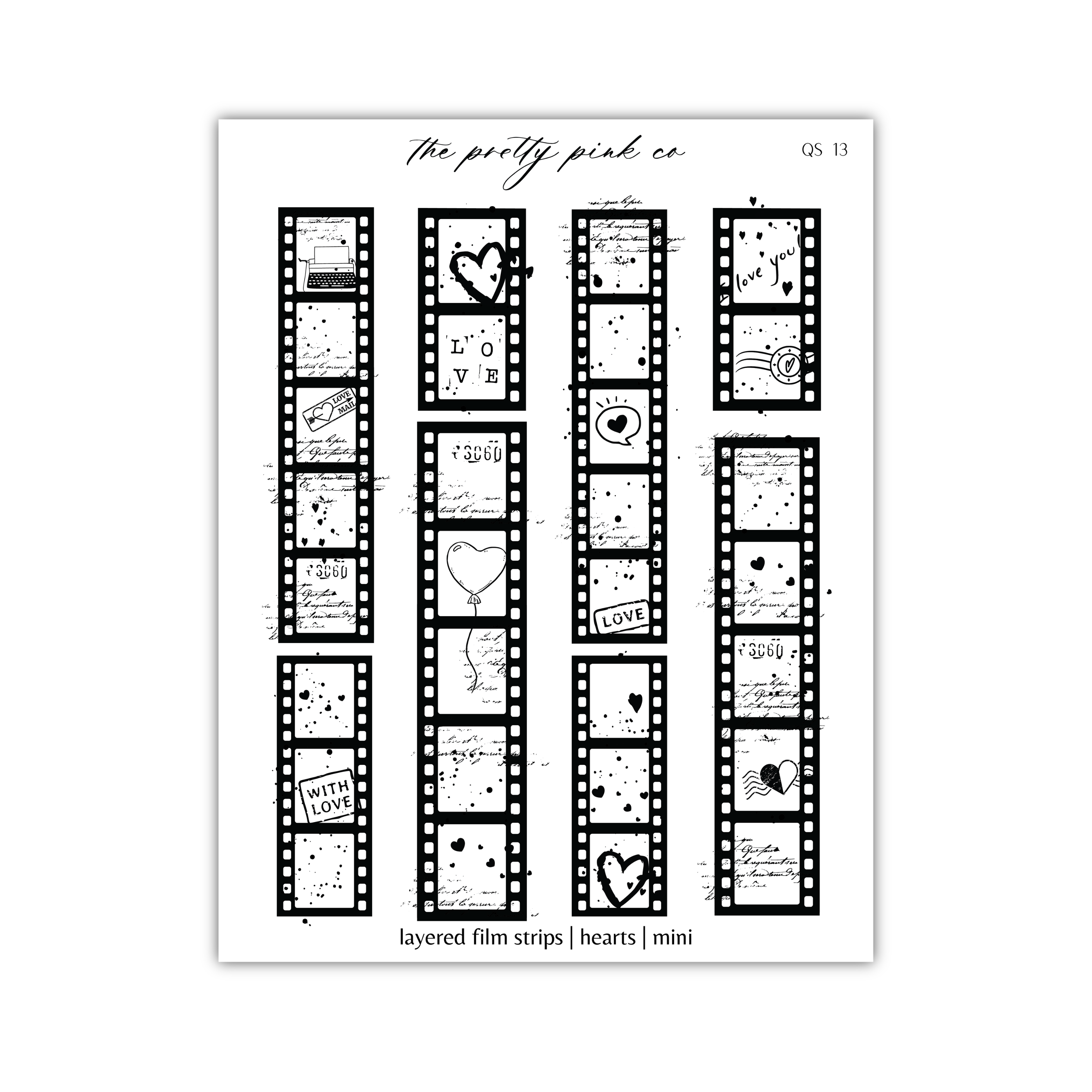 a black and white film strip with hearts and stars