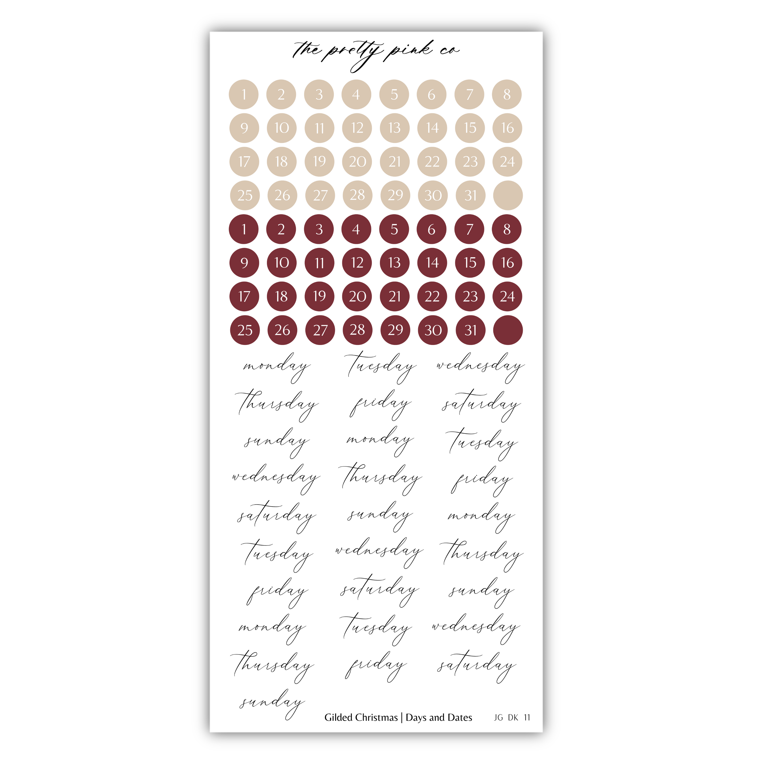 The image is a calendar with a grid of days and dates, and a list of days of the week written in cursive.