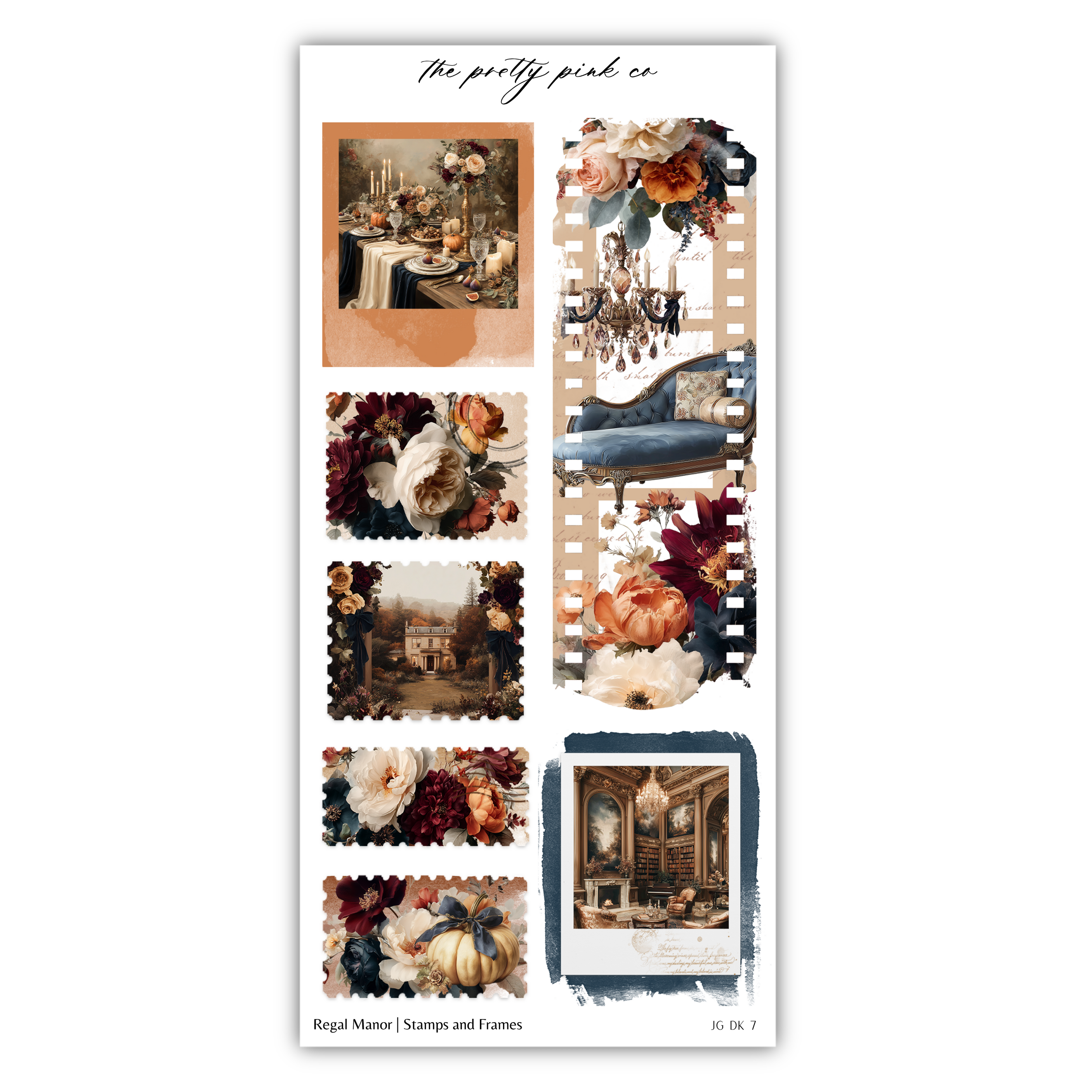 The image is a collage of various floral and interior design elements, including a chandelier, a table setting, a sofa, and other decorative items. The collage is titled "The pretty pink co" and includes stamps and frames.